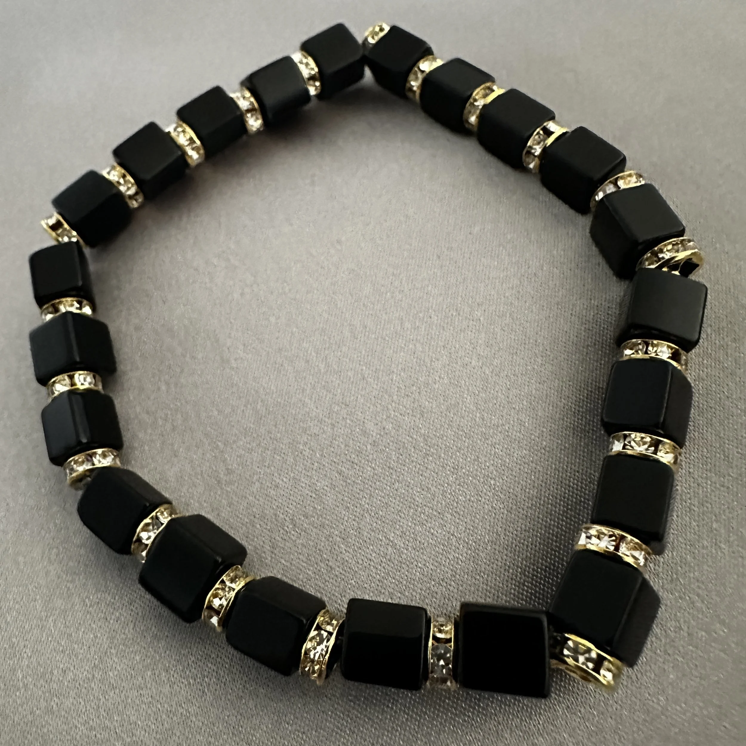 Men's Black Beaded Bracelet W/Gold Rhinestone Accent Spacers
