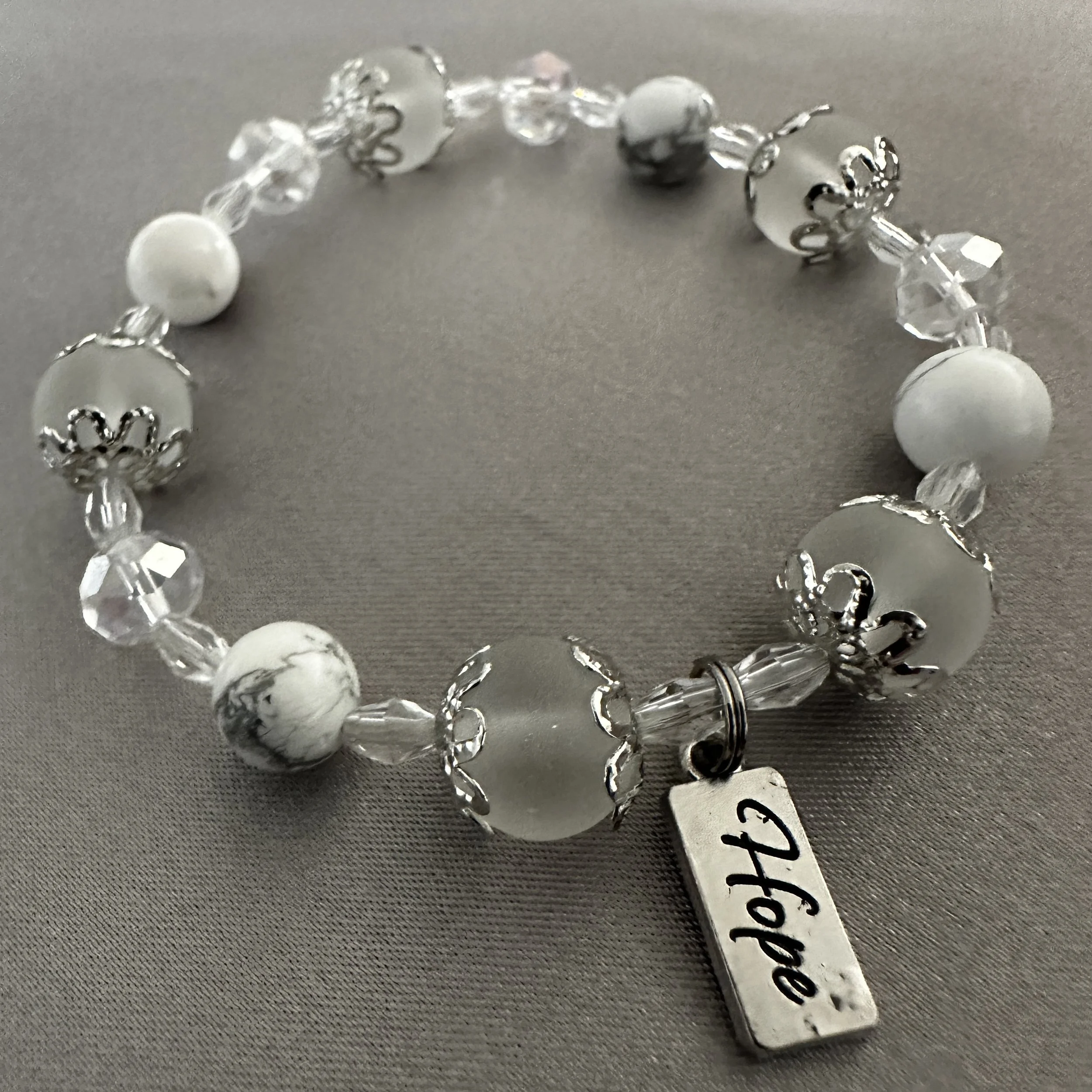 White and Clear Beaded Bracelet W/Hope Charm