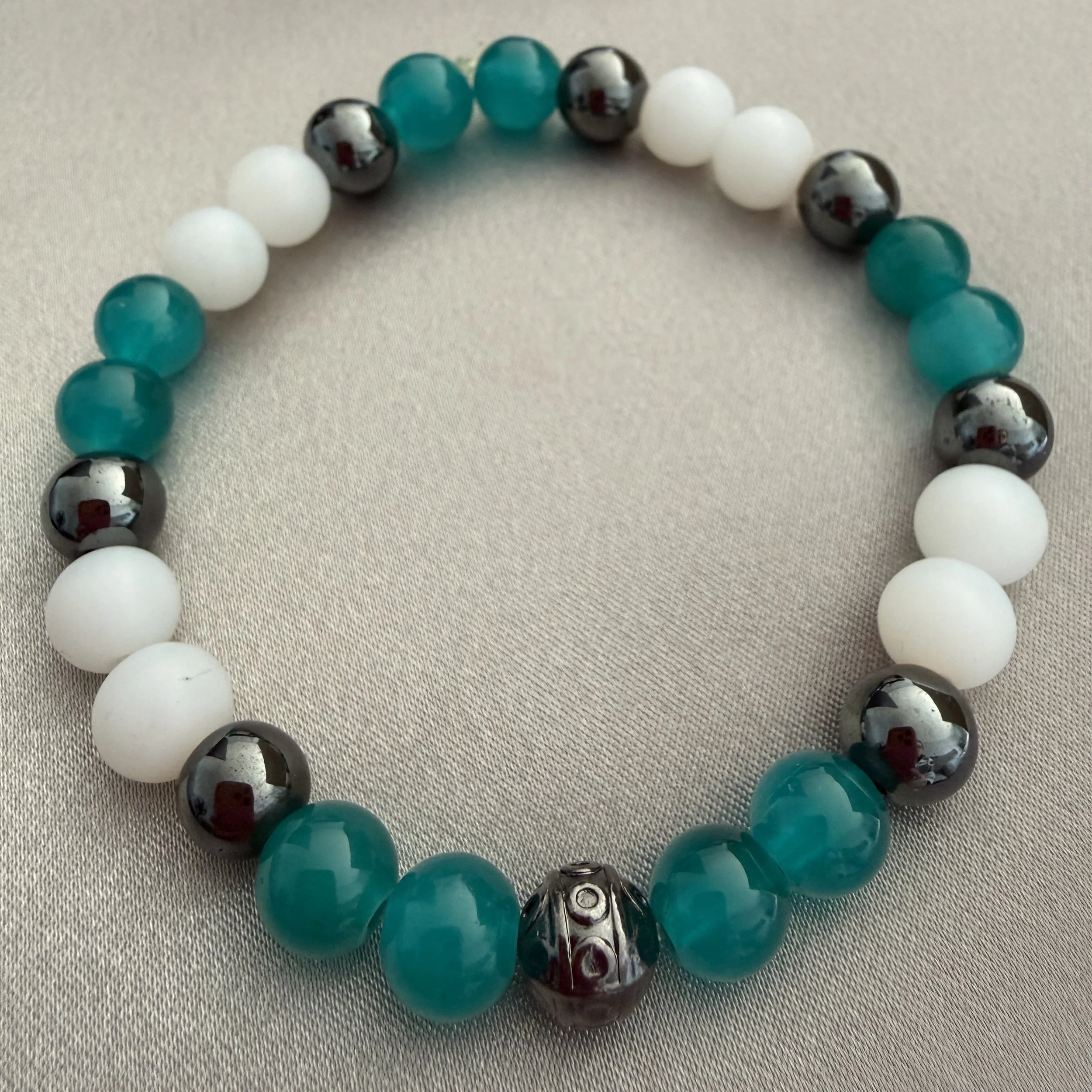 Men's Teal and White Beaded Bracelet