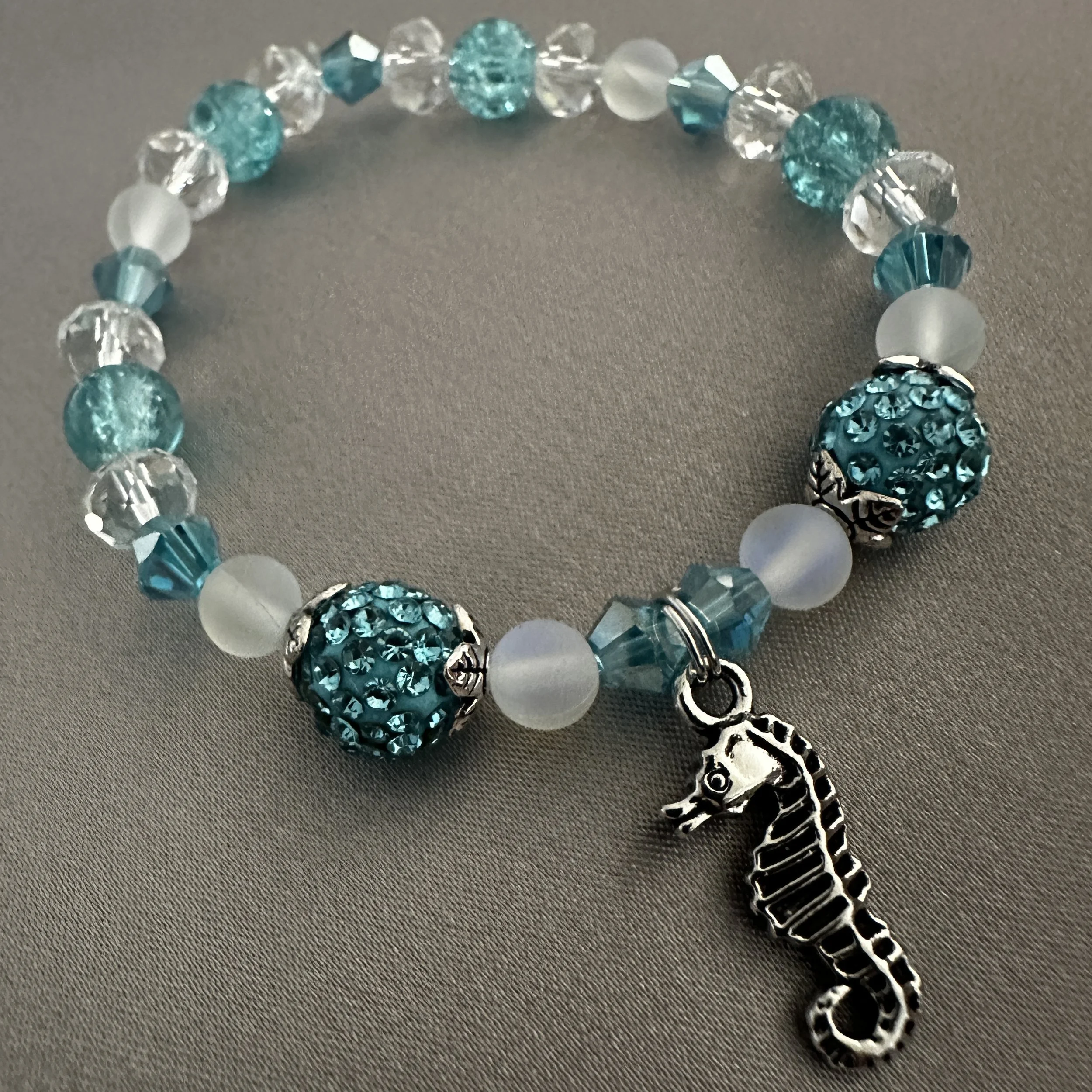Aqua Blue and Clear Beaded Bracelet W/Seahorse Charm
