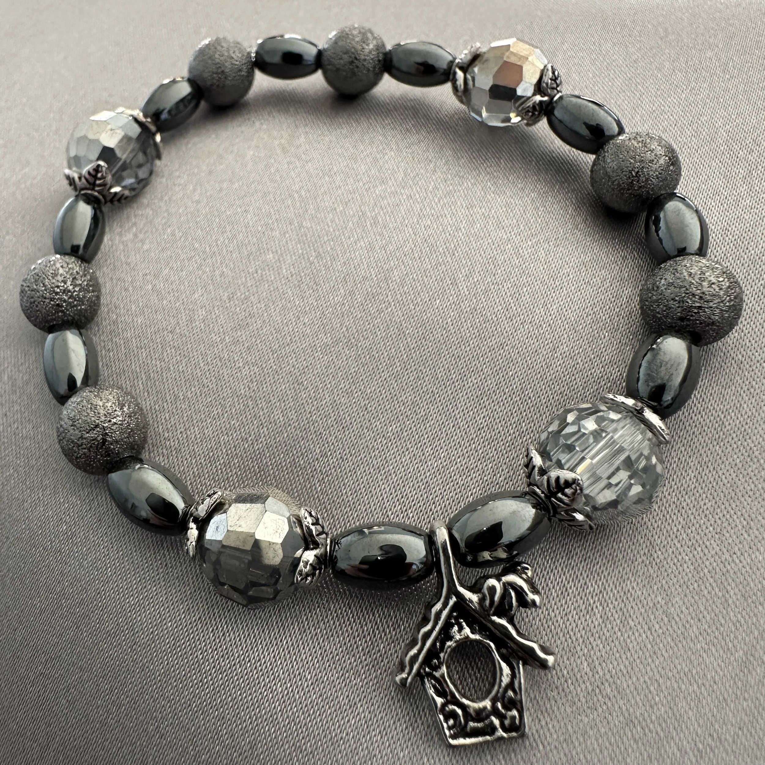 Gray and Silver Beaded Bracelet W/Dog House Charm