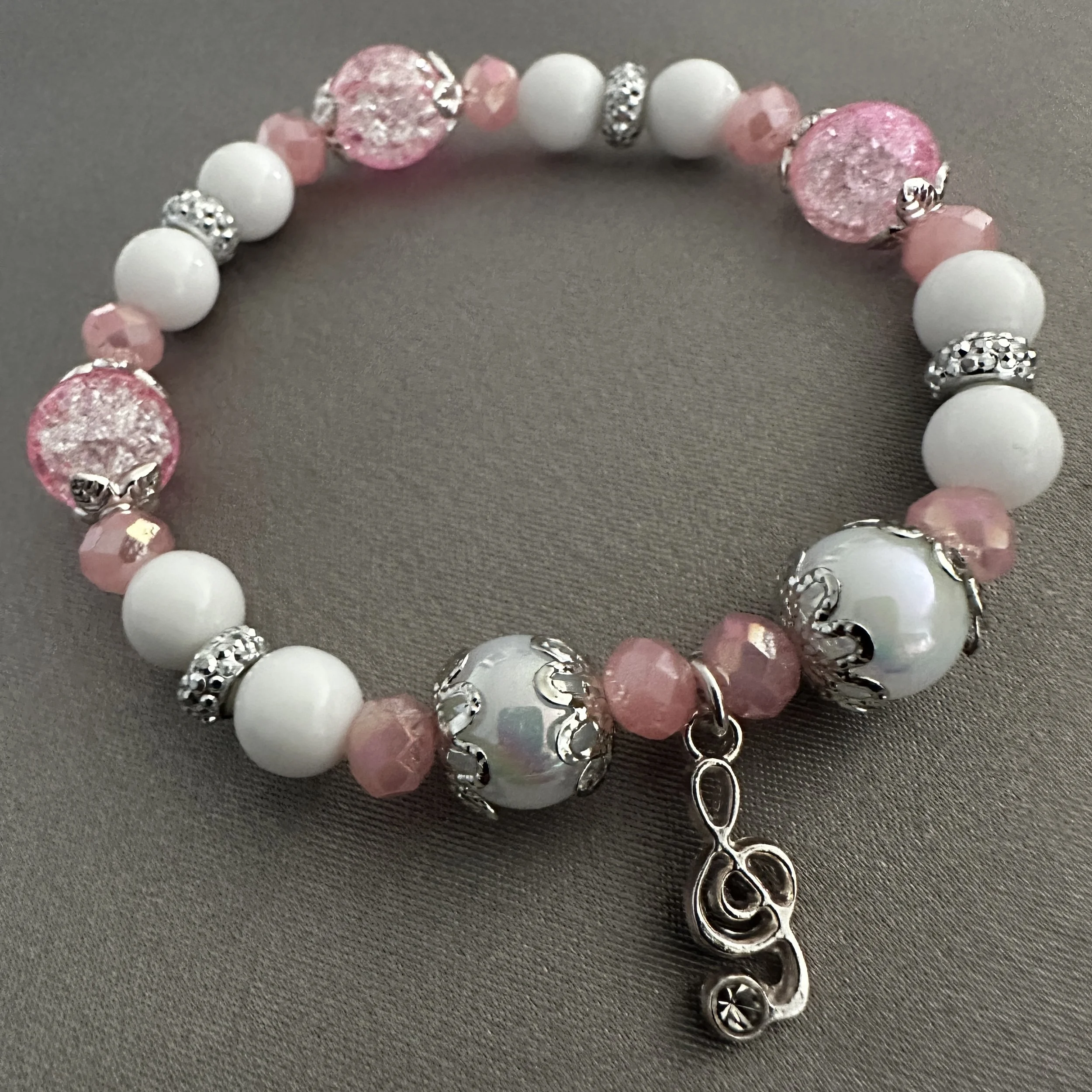 Pink and White Beaded Bracelet W/Musical Note Charm