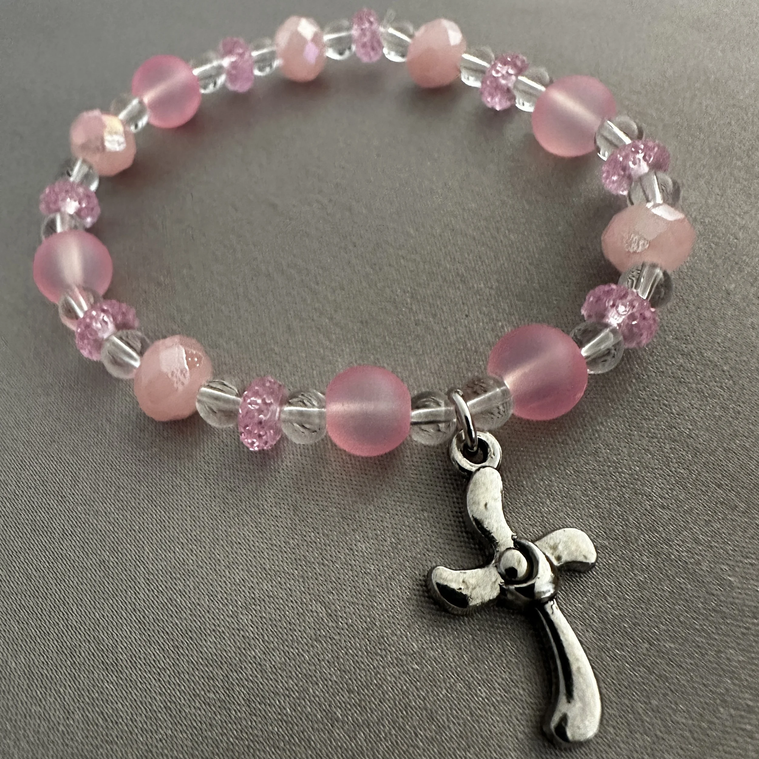 Pink and Clear Beaded Bracelet W/Cross Charm