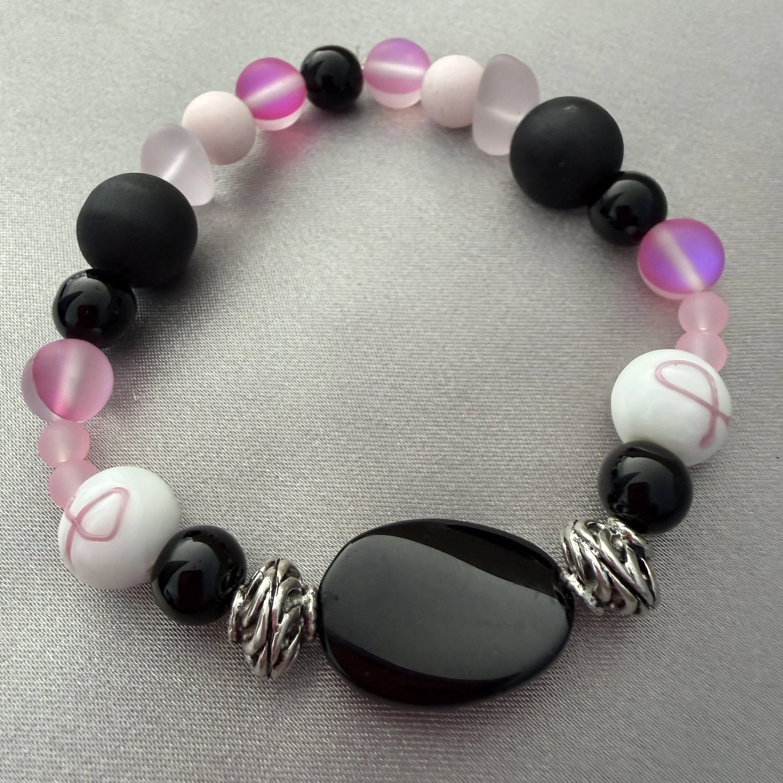 Pink and Black Beaded Bracelet W/Pink Ribbon Accent Beads