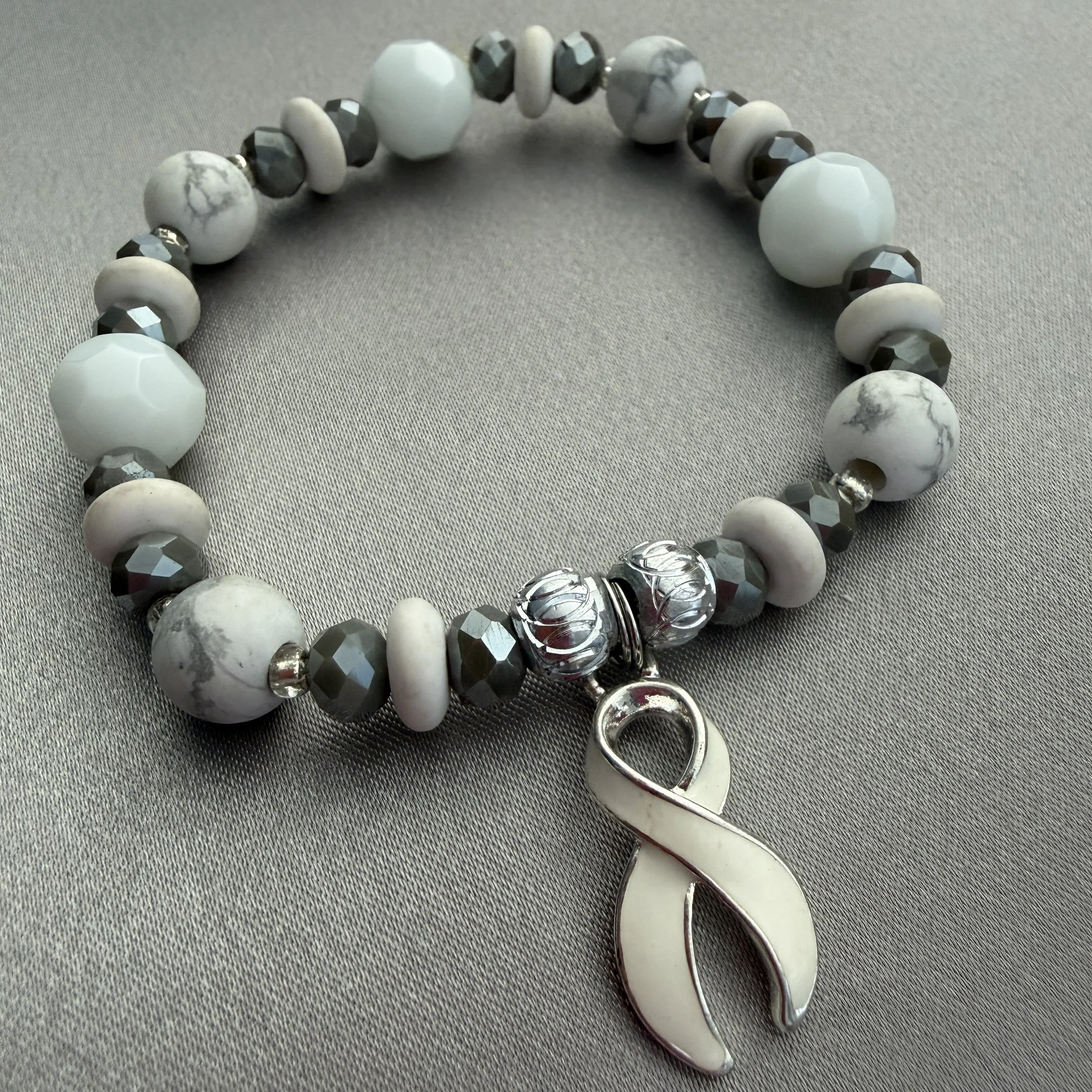 White and Gray Beaded Bracelet W/White Ribbon Charm