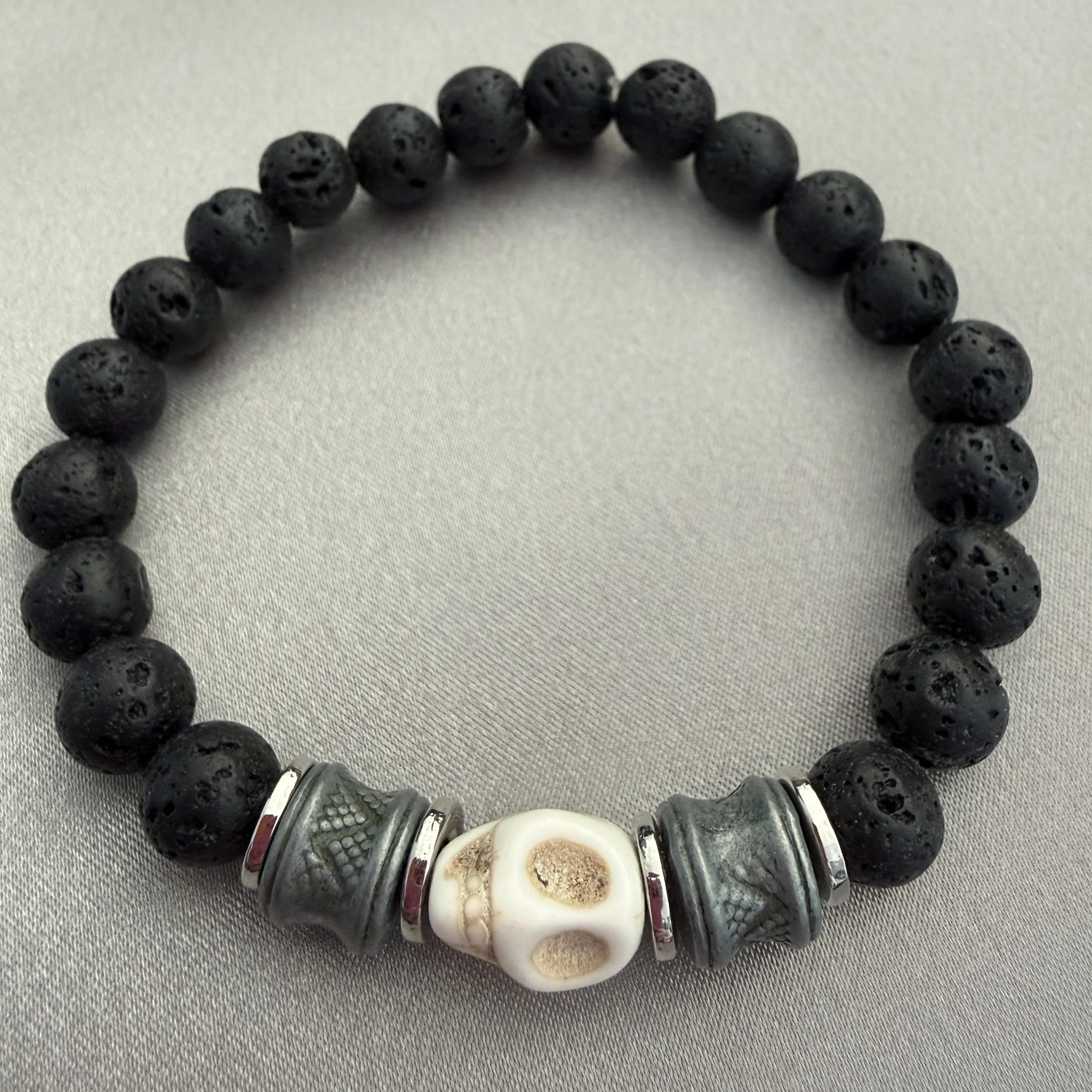 Men's Black Beaded Bracelet W/Skull Accent Bead