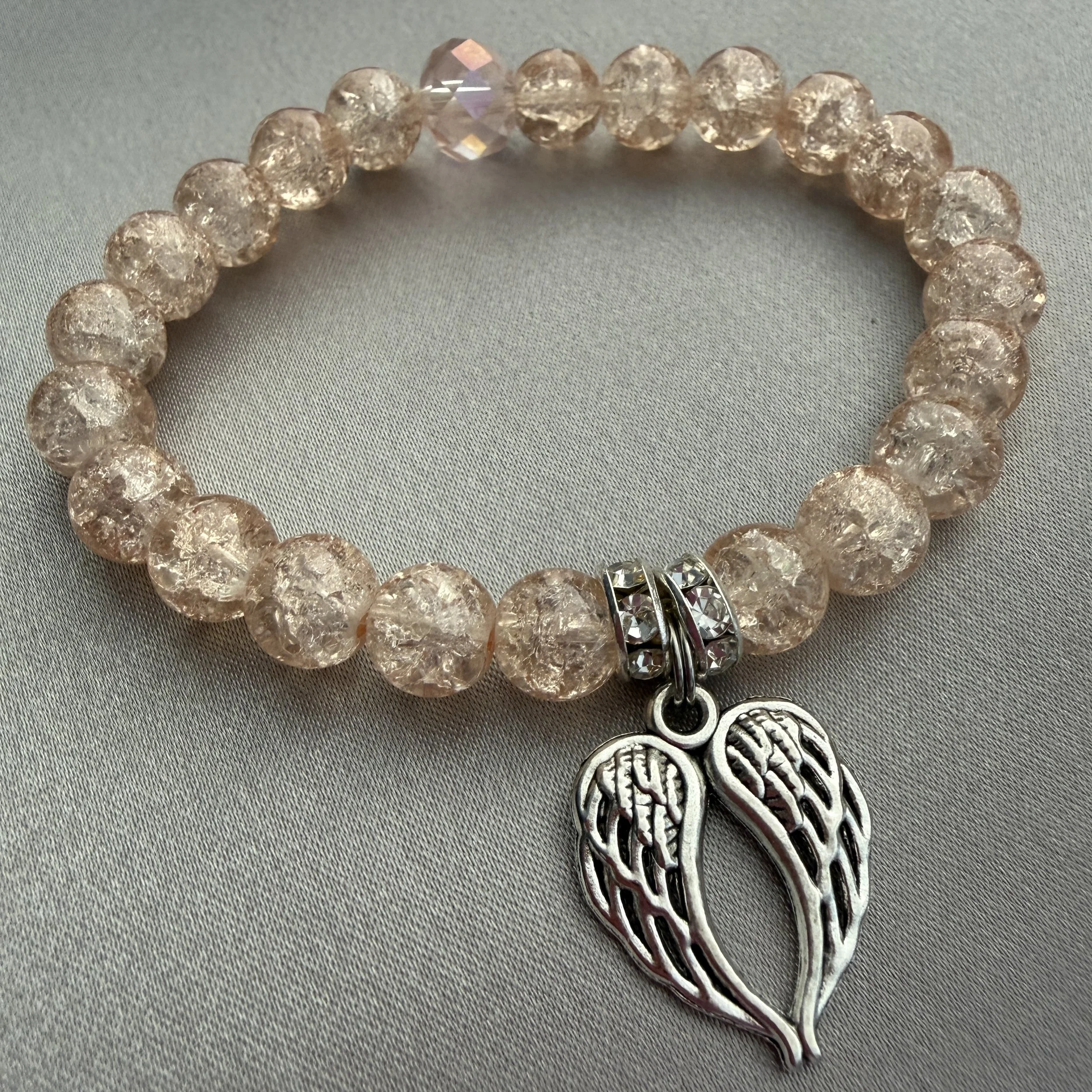 Peach Beaded Bracelet W/Angel Wings Charm