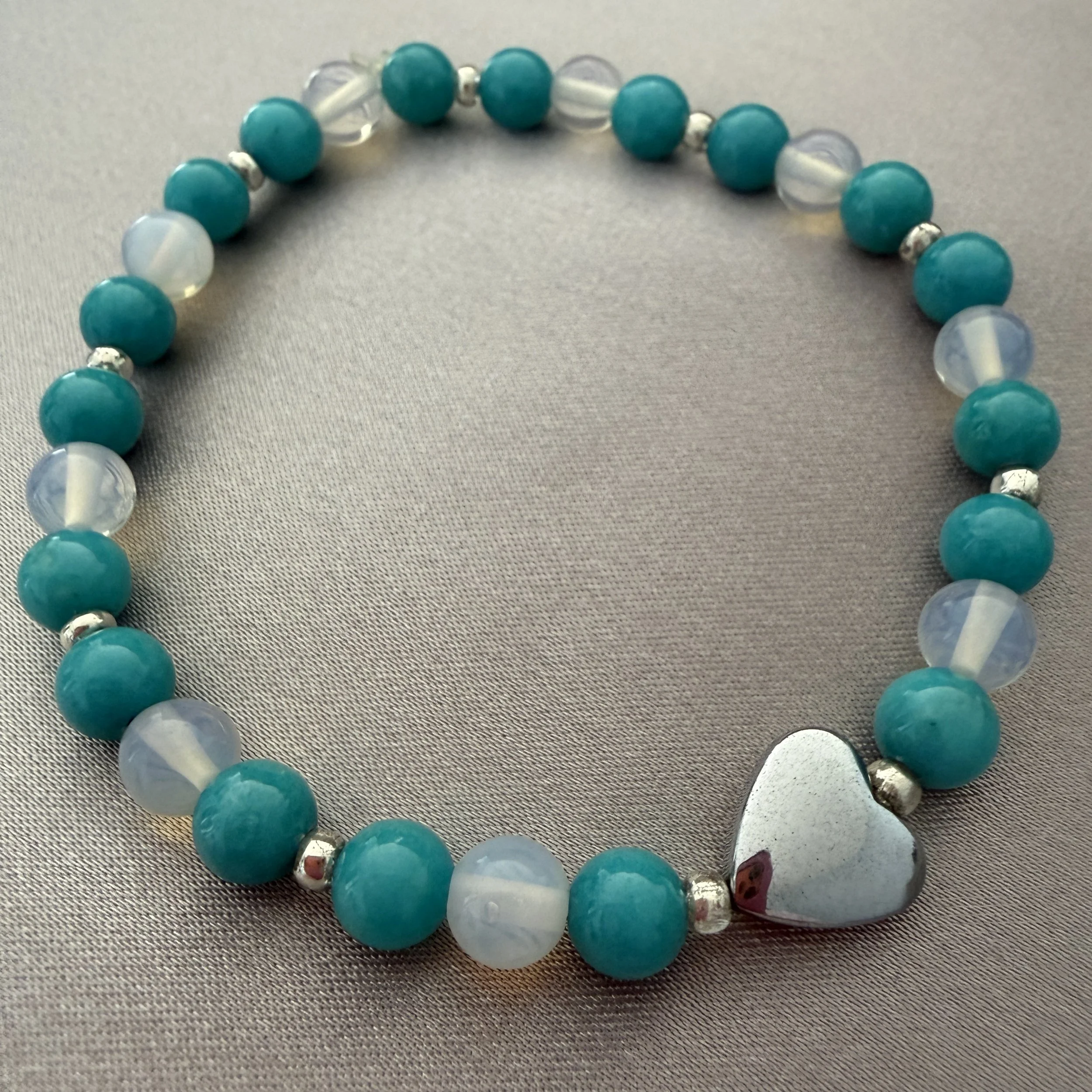 Teal and White Beaded Bracelet W/Silver Heart Accent Bead