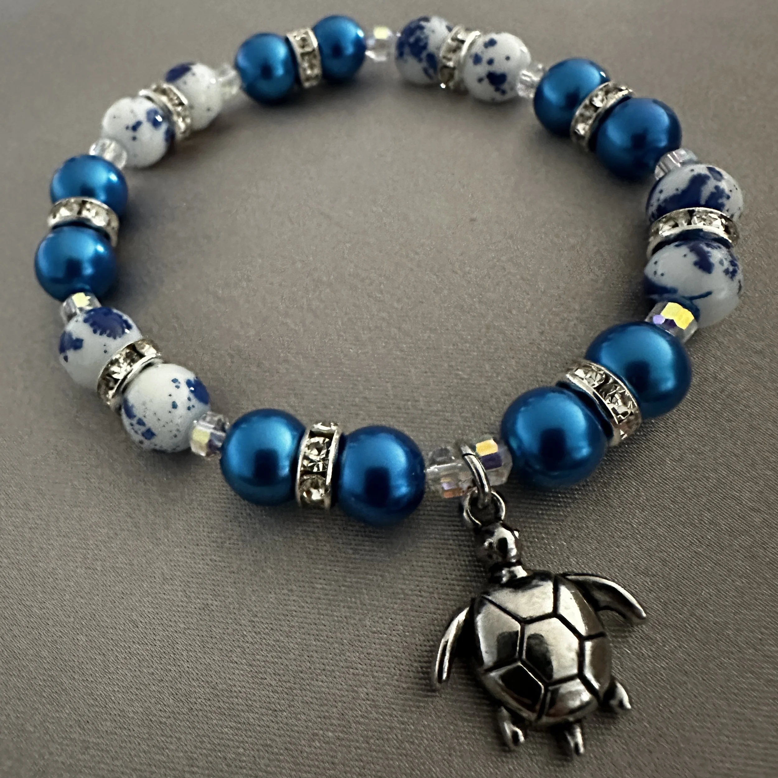 Blue and White Beaded Bracelet W/Turtle Charm
