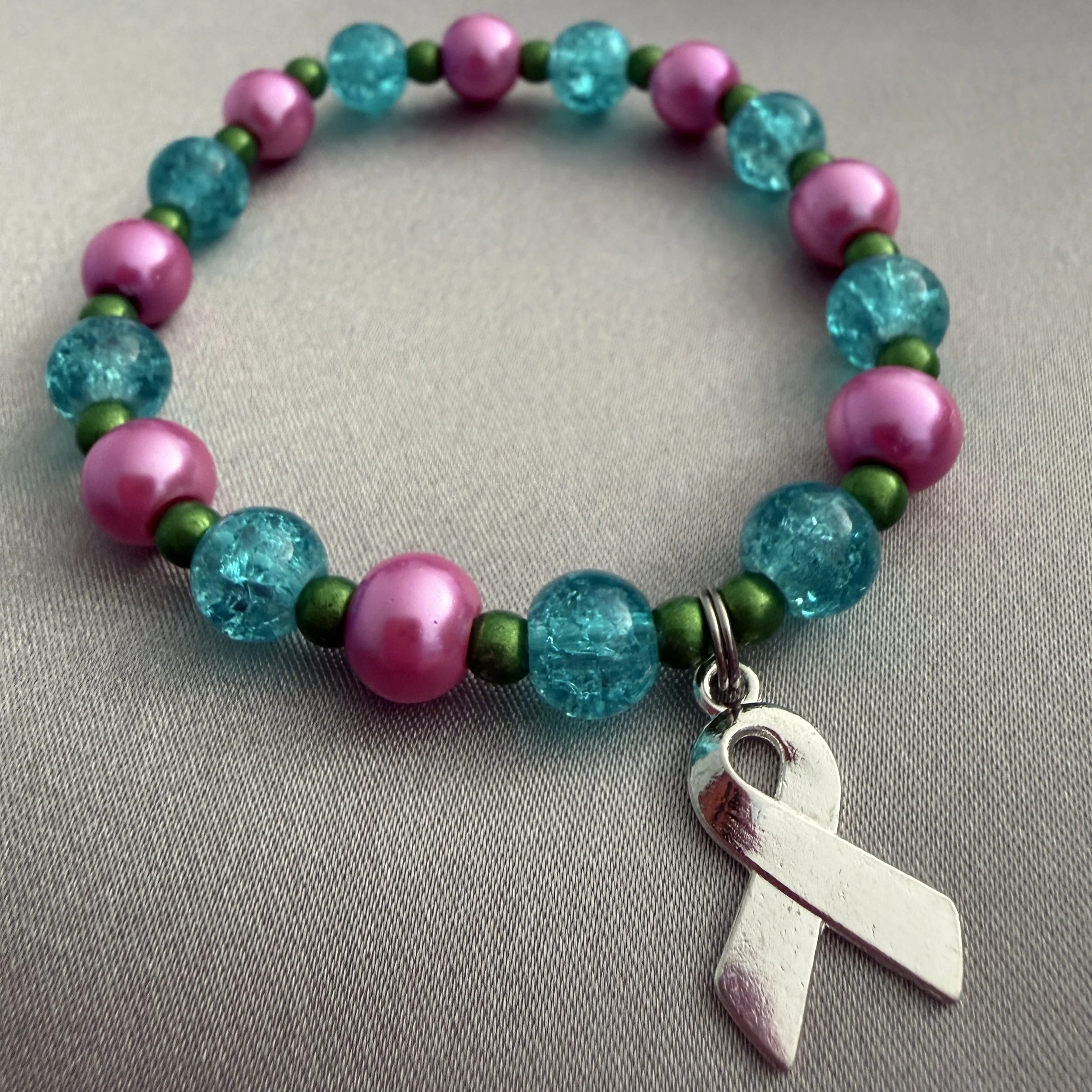 Pink, Blue and Green Beaded Bracelet w/Ribbon Charm (Metastatic Breast Cancer)