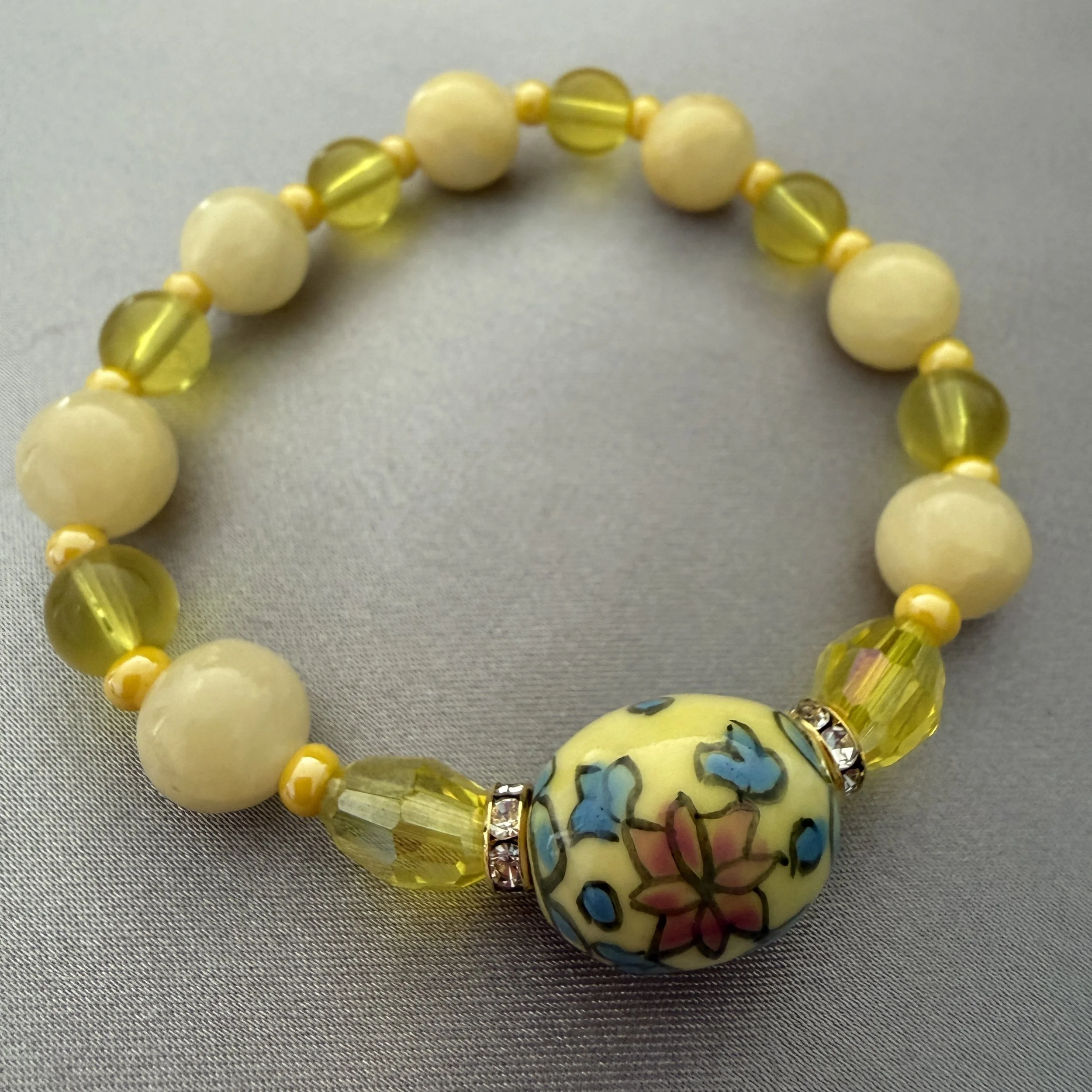 Yellow Beaded Bracelet W/Flower Accent Bead