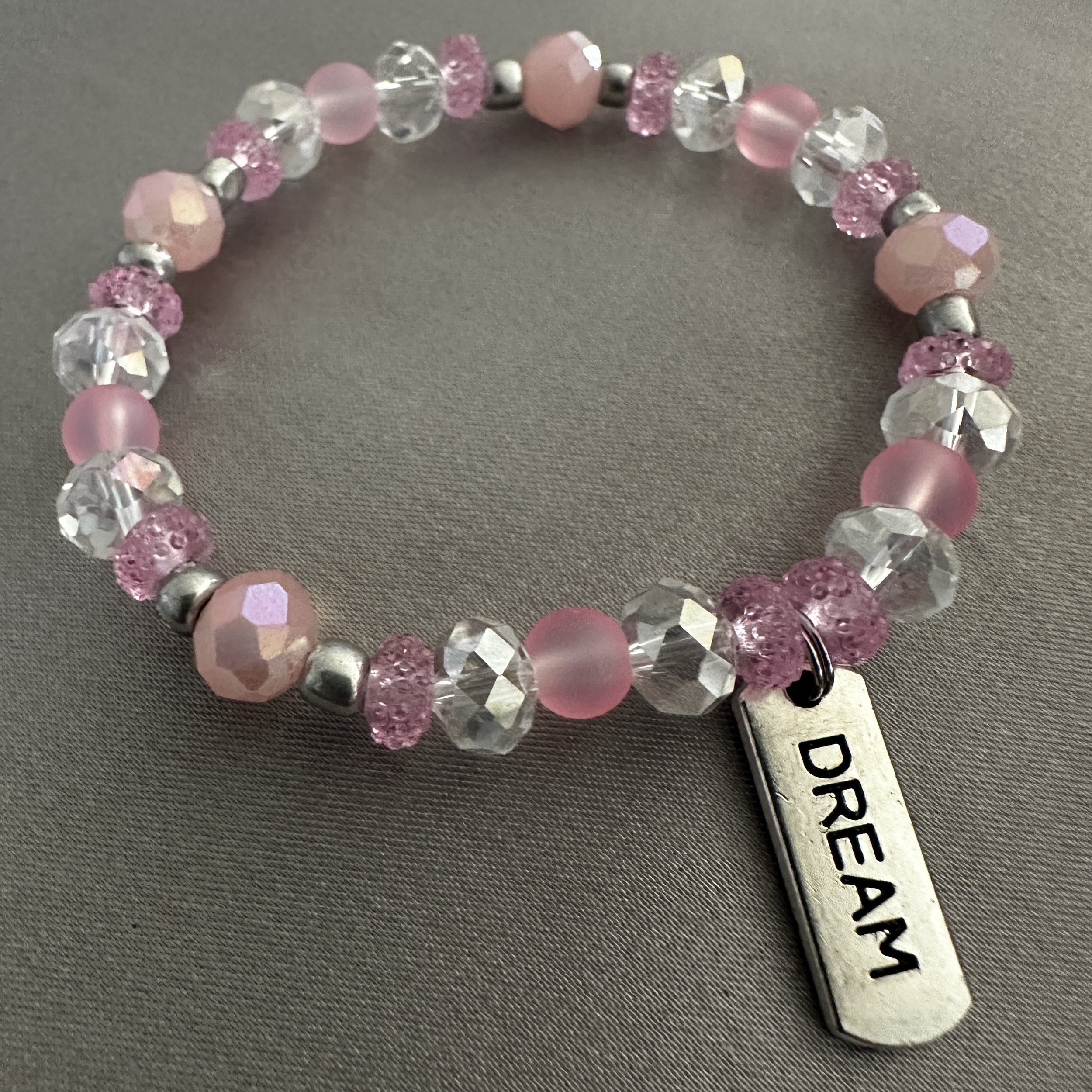 Pink, Silver and Clear Beaded Bracelet W/Dream Charm
