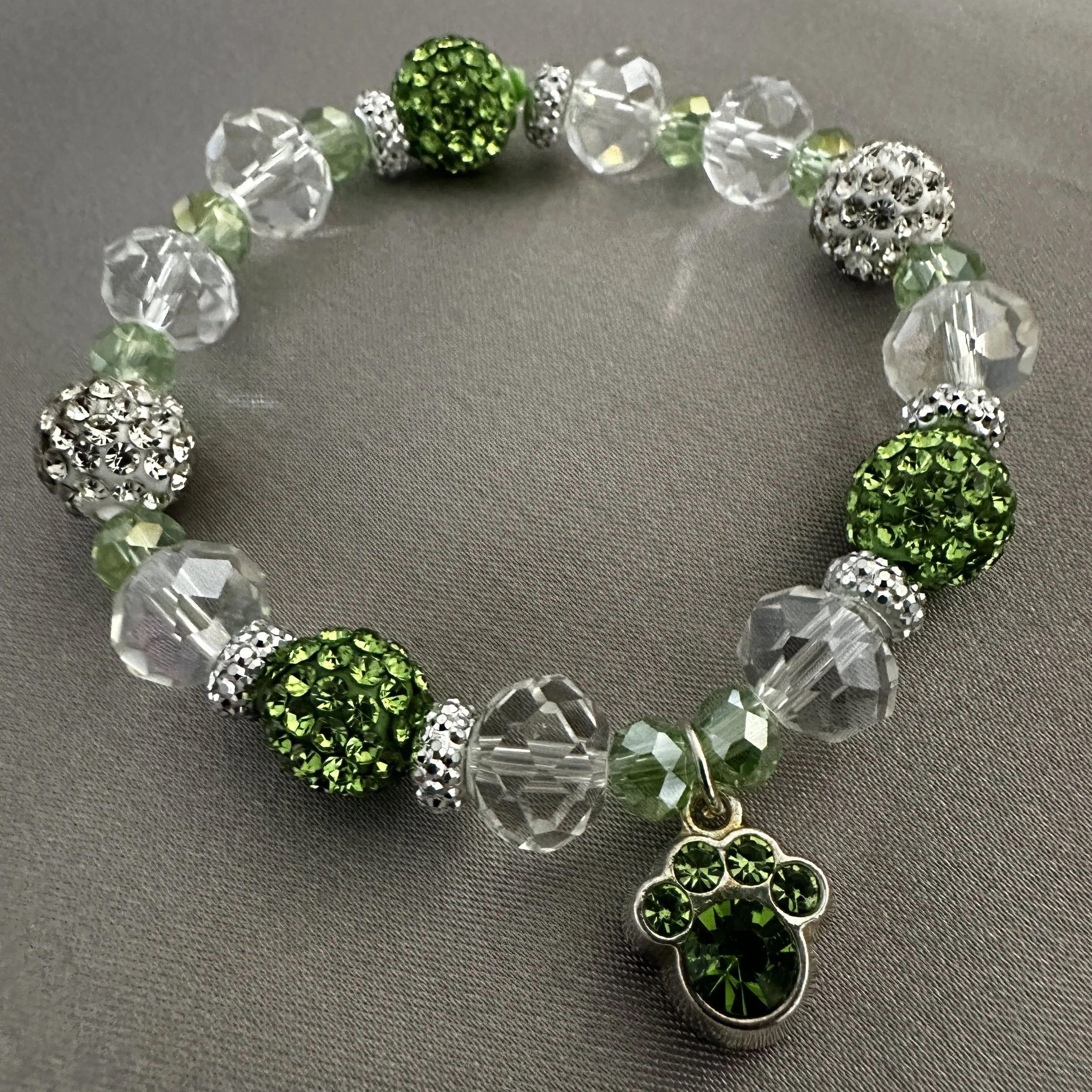 Lime Green and Clear Beaded Bracelet W/Lime Green Rhinestone Pawprint Charm