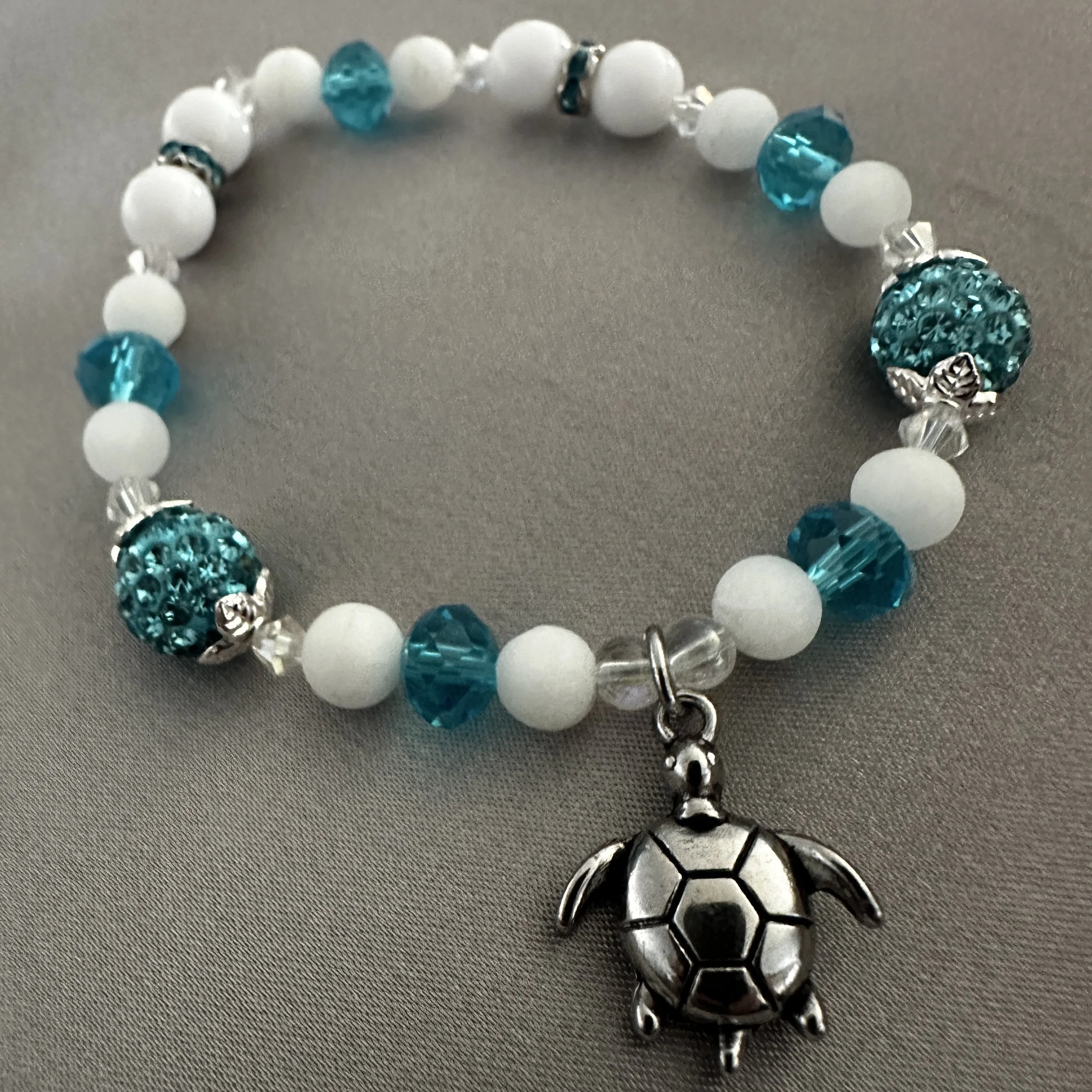 Aqua Blue and White Beaded Bracelet W/Turtle Charm