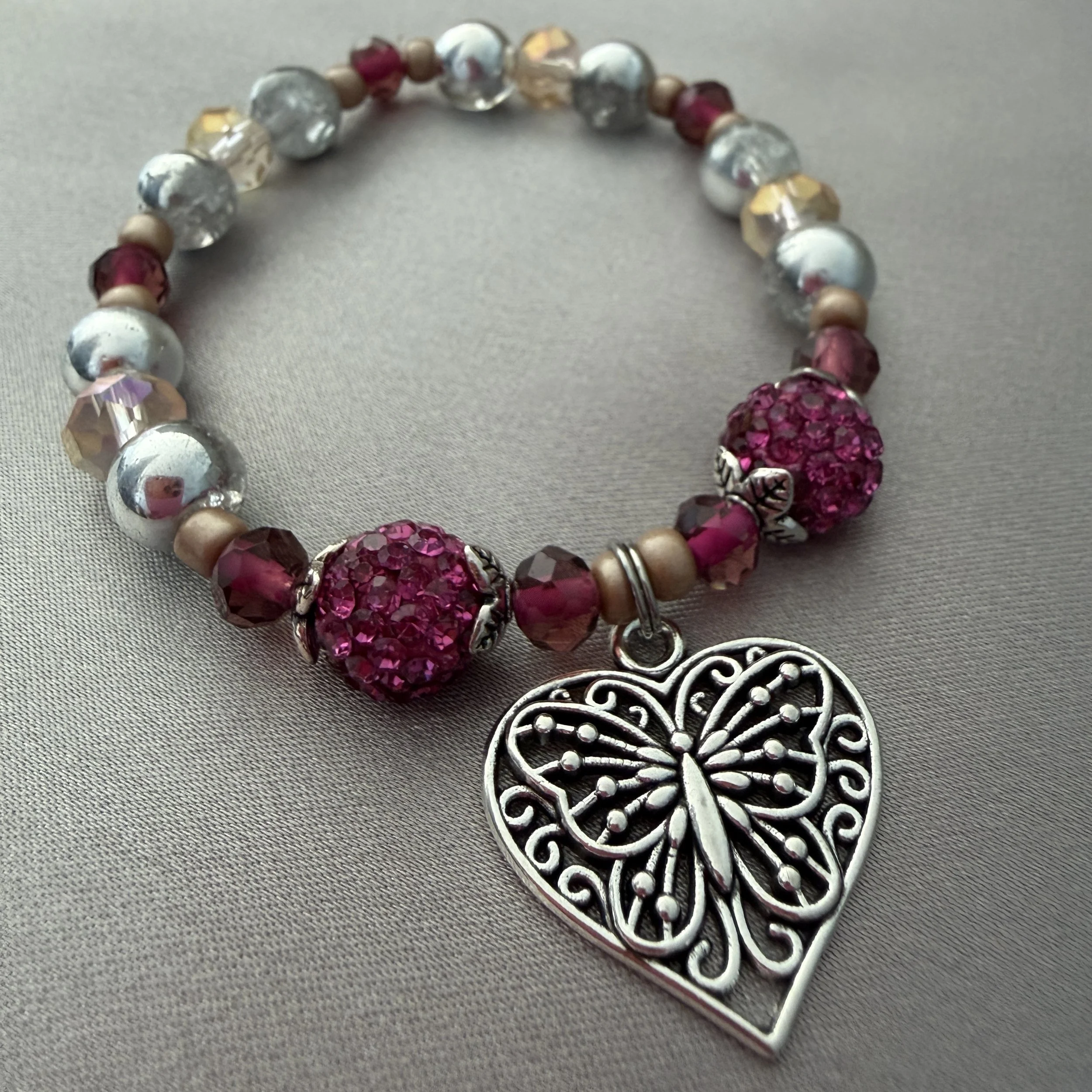 Pink and Silver Beaded Bracelet W/Butterfly Heart Charm