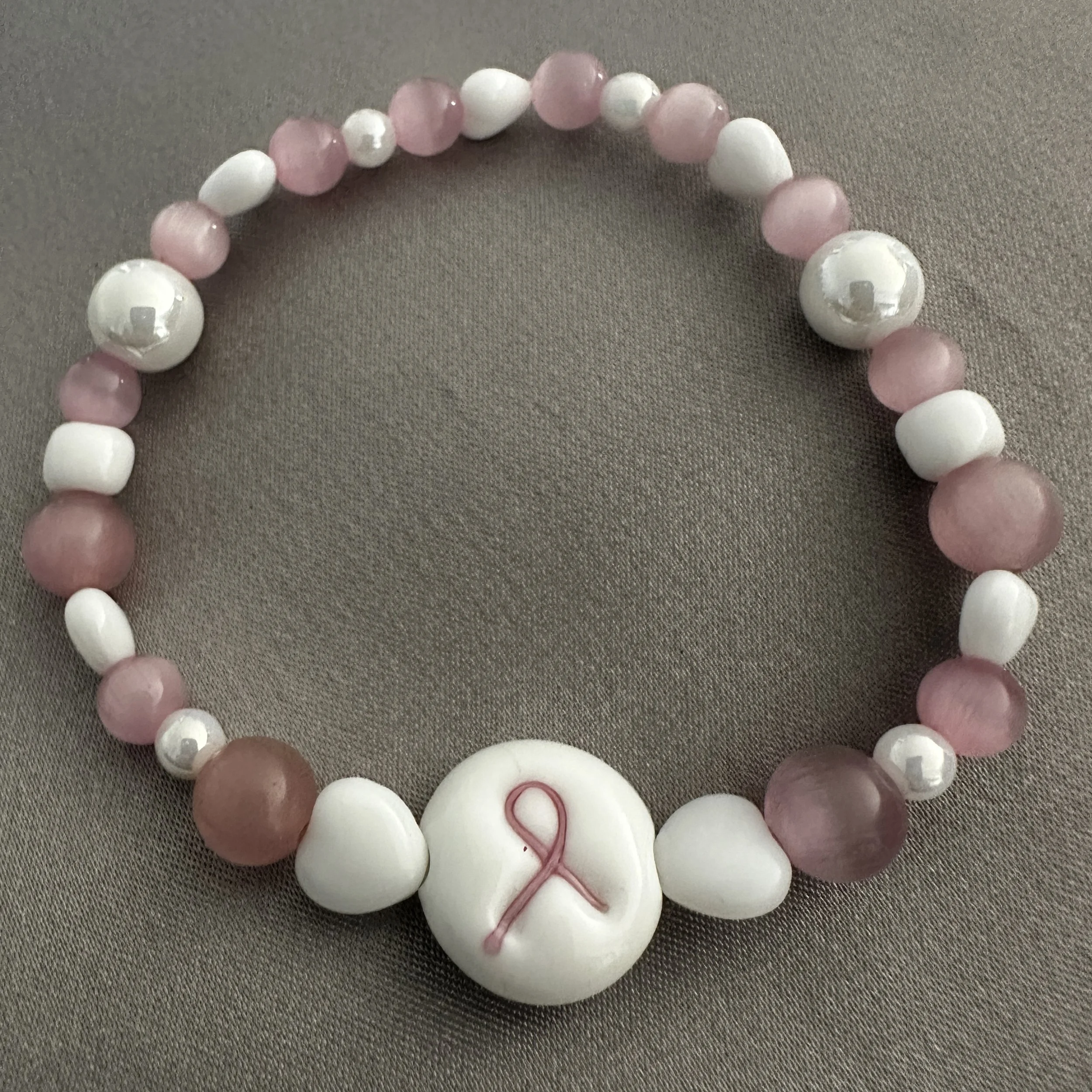 Pink and White Beaded Bracelet W/Pink Ribbon Accent Bead