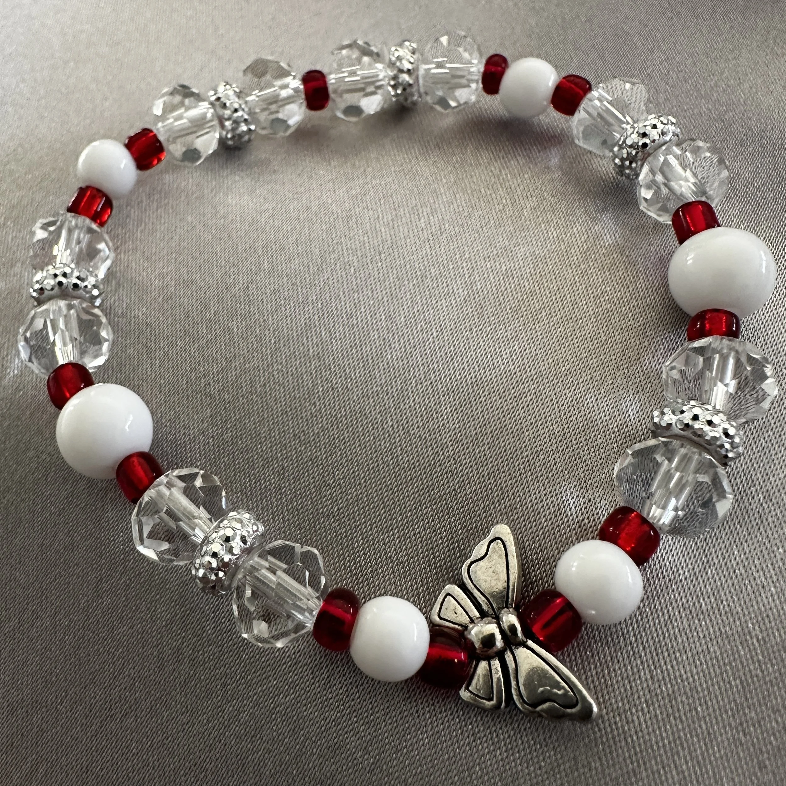 Red, White and Clear Beaded Bracelet W/Butterfly Accent Bead