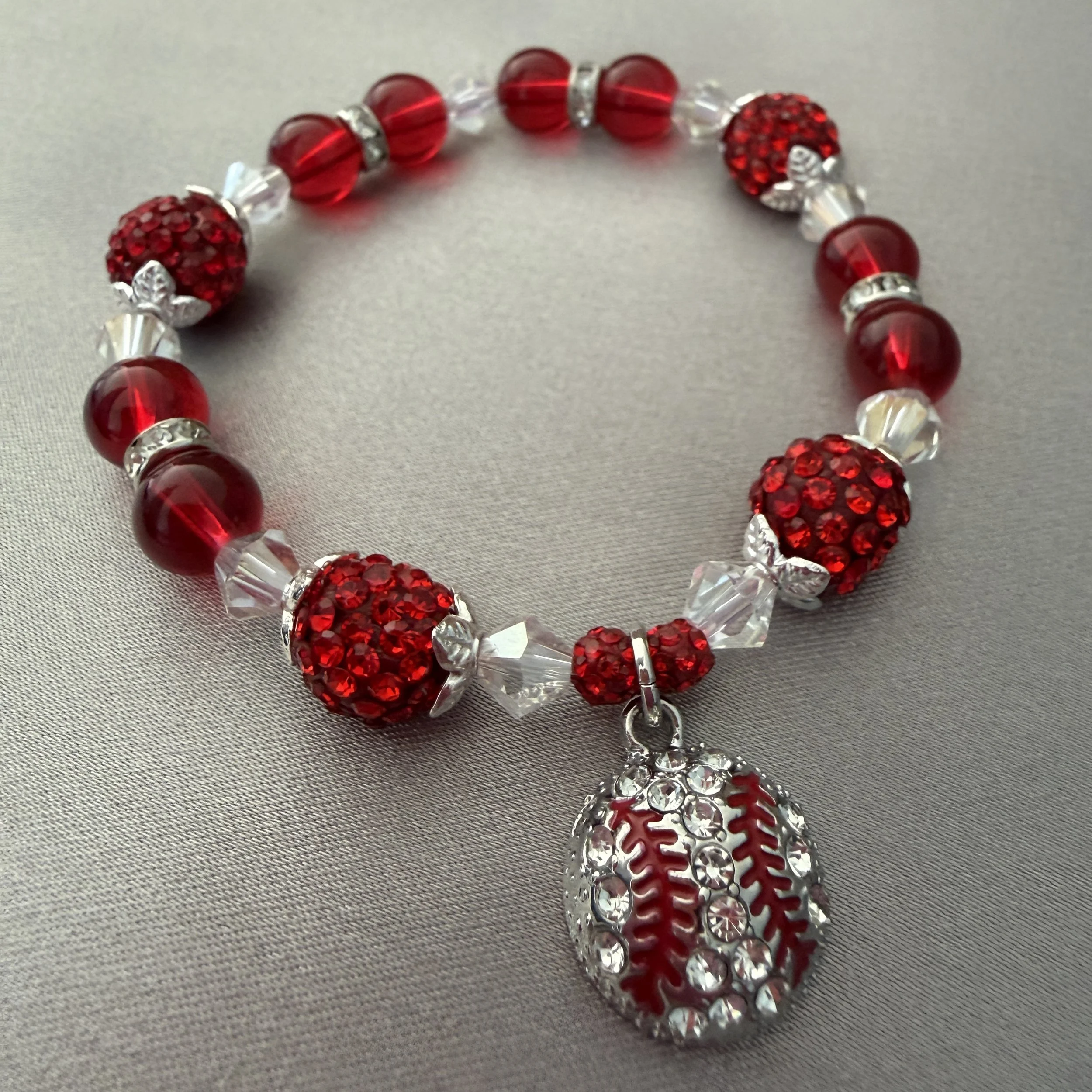 Red and Clear Beaded Bracelet w/Rhinestone Baseball Charm