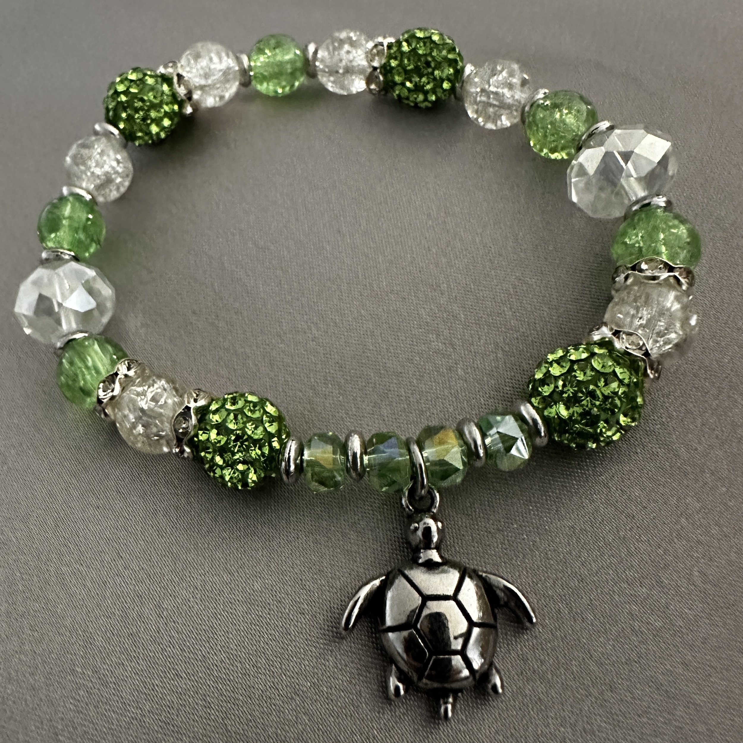 Lime Green and Clear Beaded Bracelet W/Turtle Charm