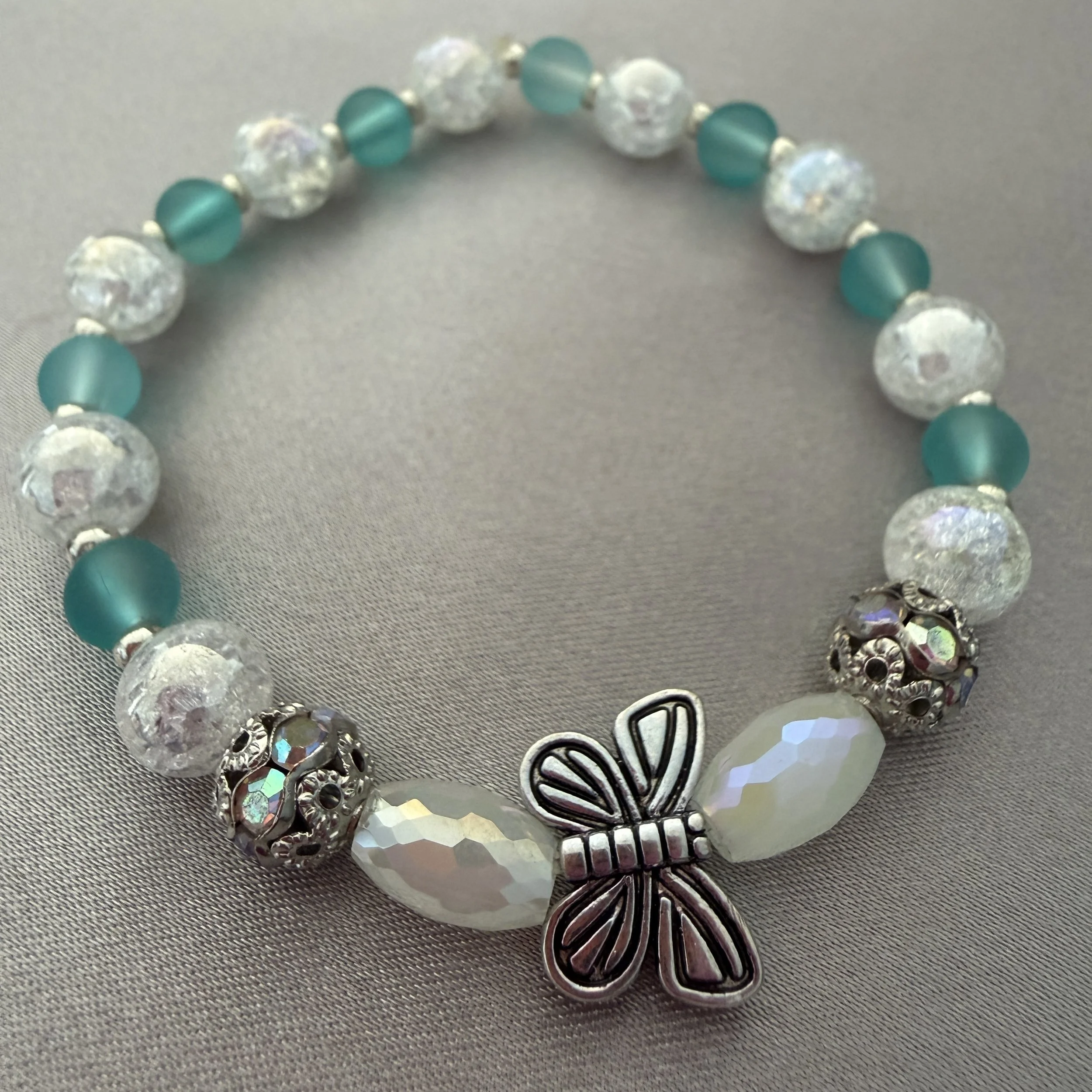 Teal and White Beaded Bracelet W/Butterfly Accent Bead