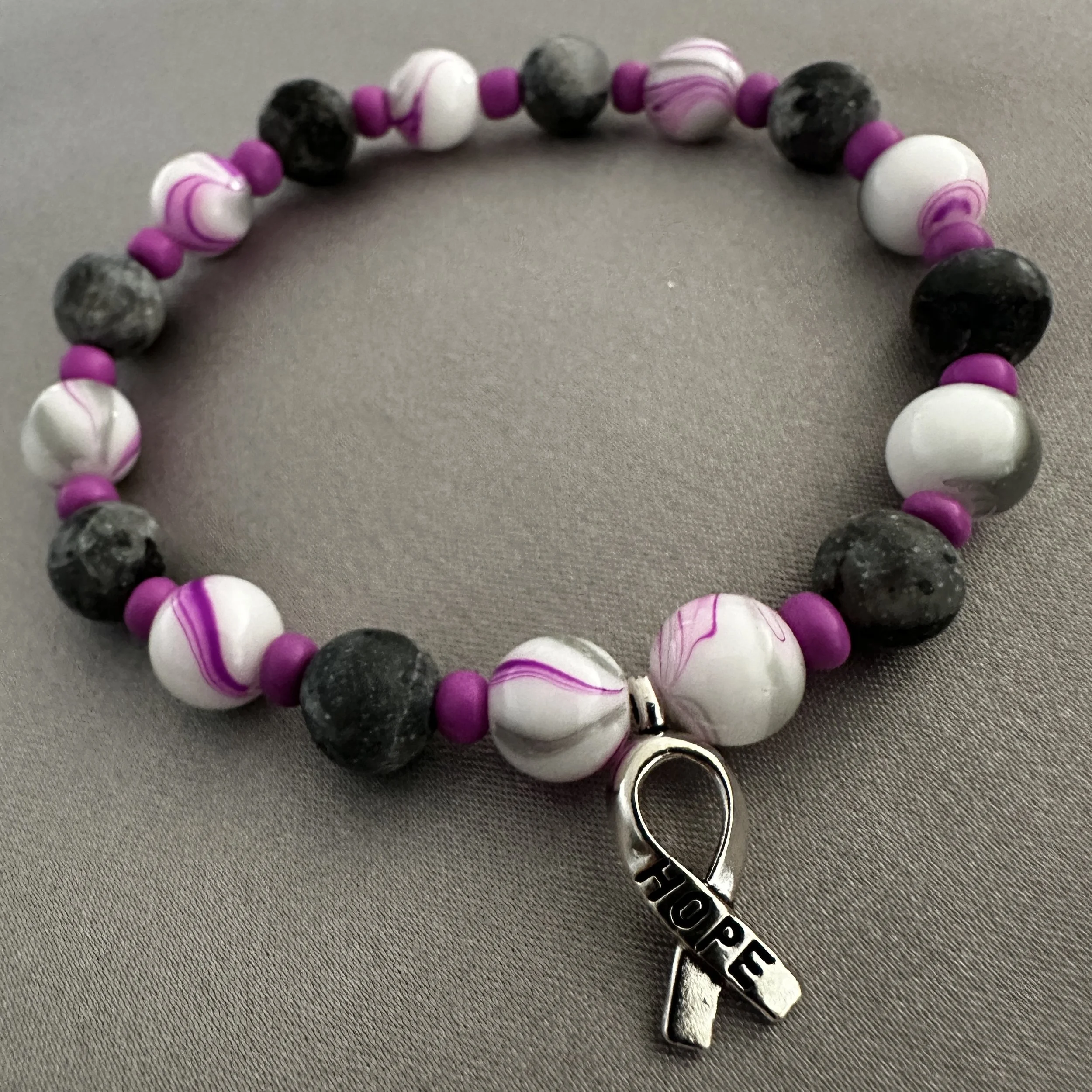 Pink, White and Gray Beaded Bracelet W/Hope Ribbon Charm