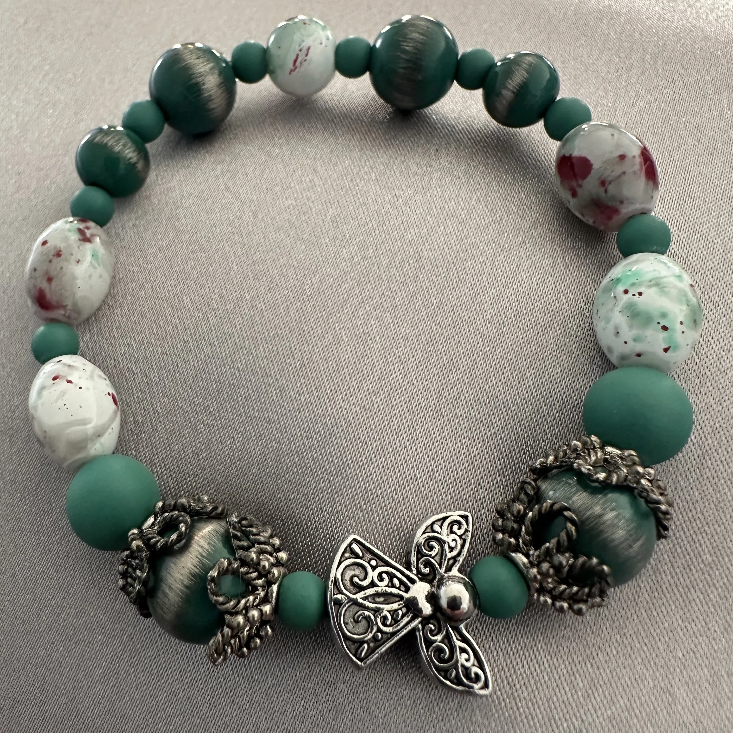 Teal and White Beaded Bracelet W/Angel Accent Bead