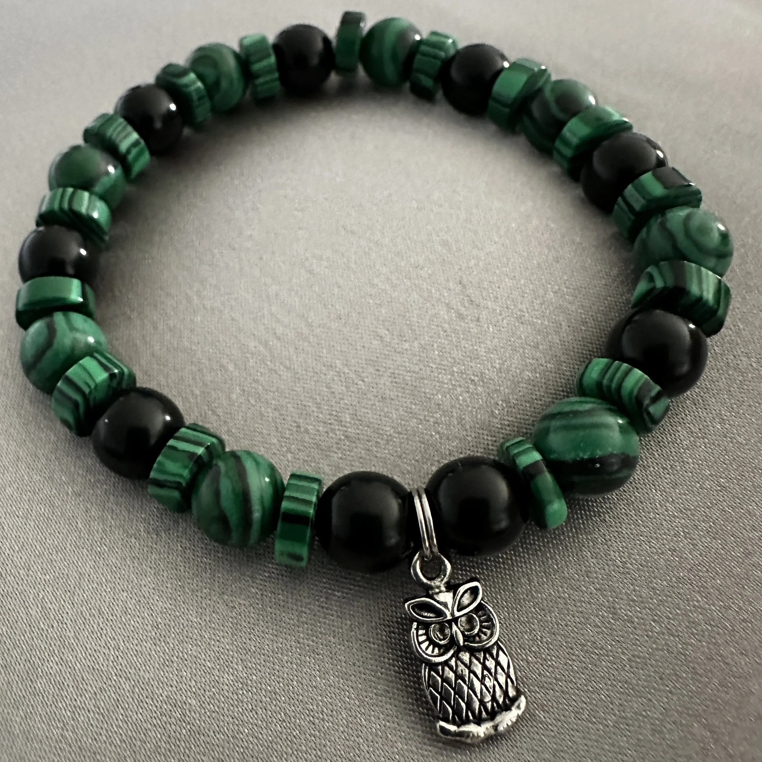Green and Black Beaded Bracelet W/Owl Charm
