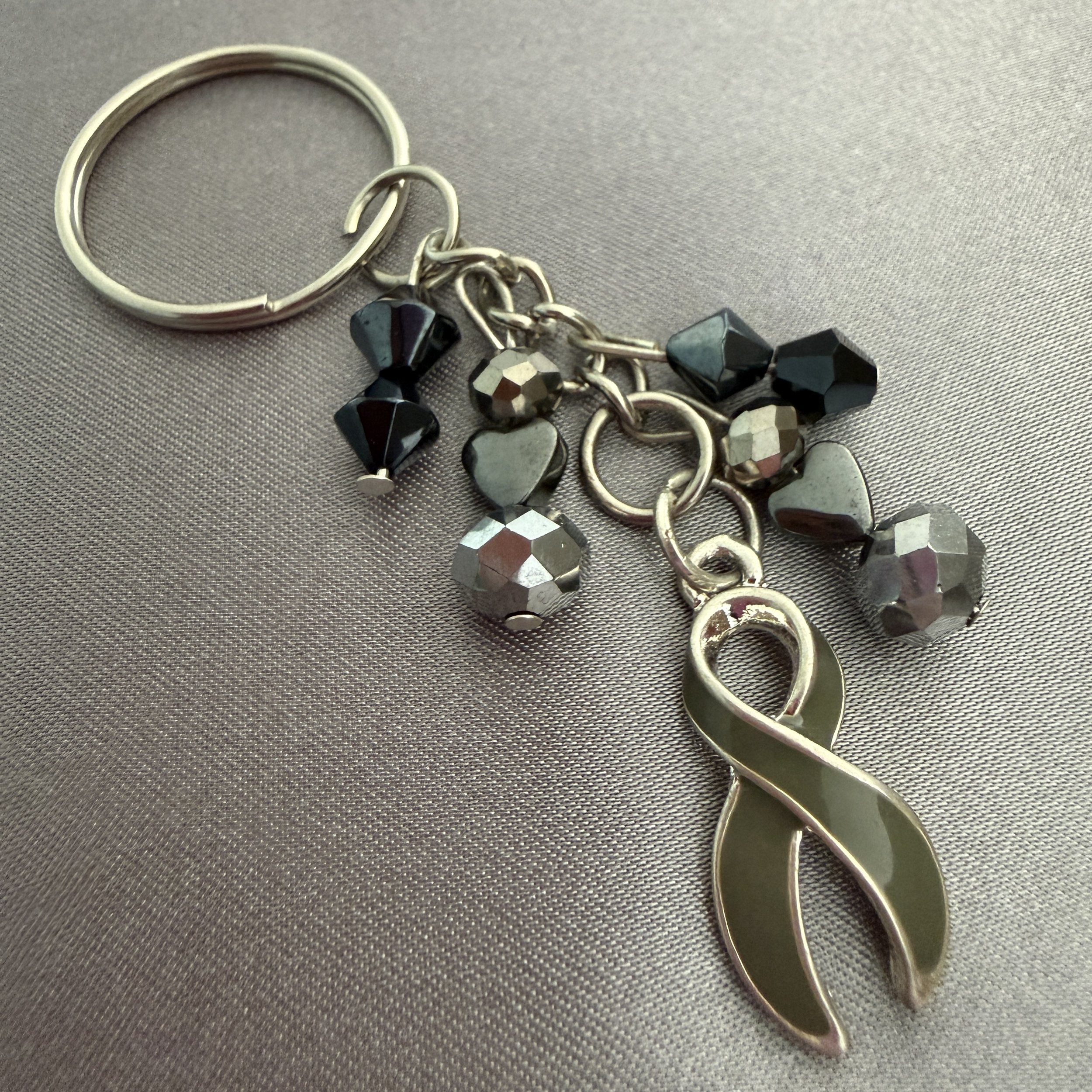 Gray and Black Beaded Silver Keychain W/Gray Ribbon Charm