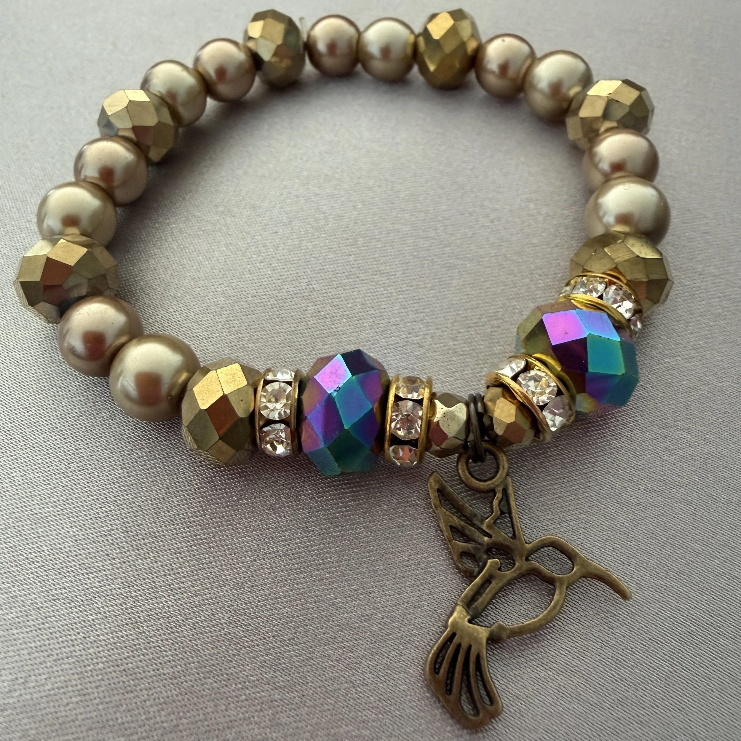 Gold Beaded Bracelet W/Hummingbird Charm