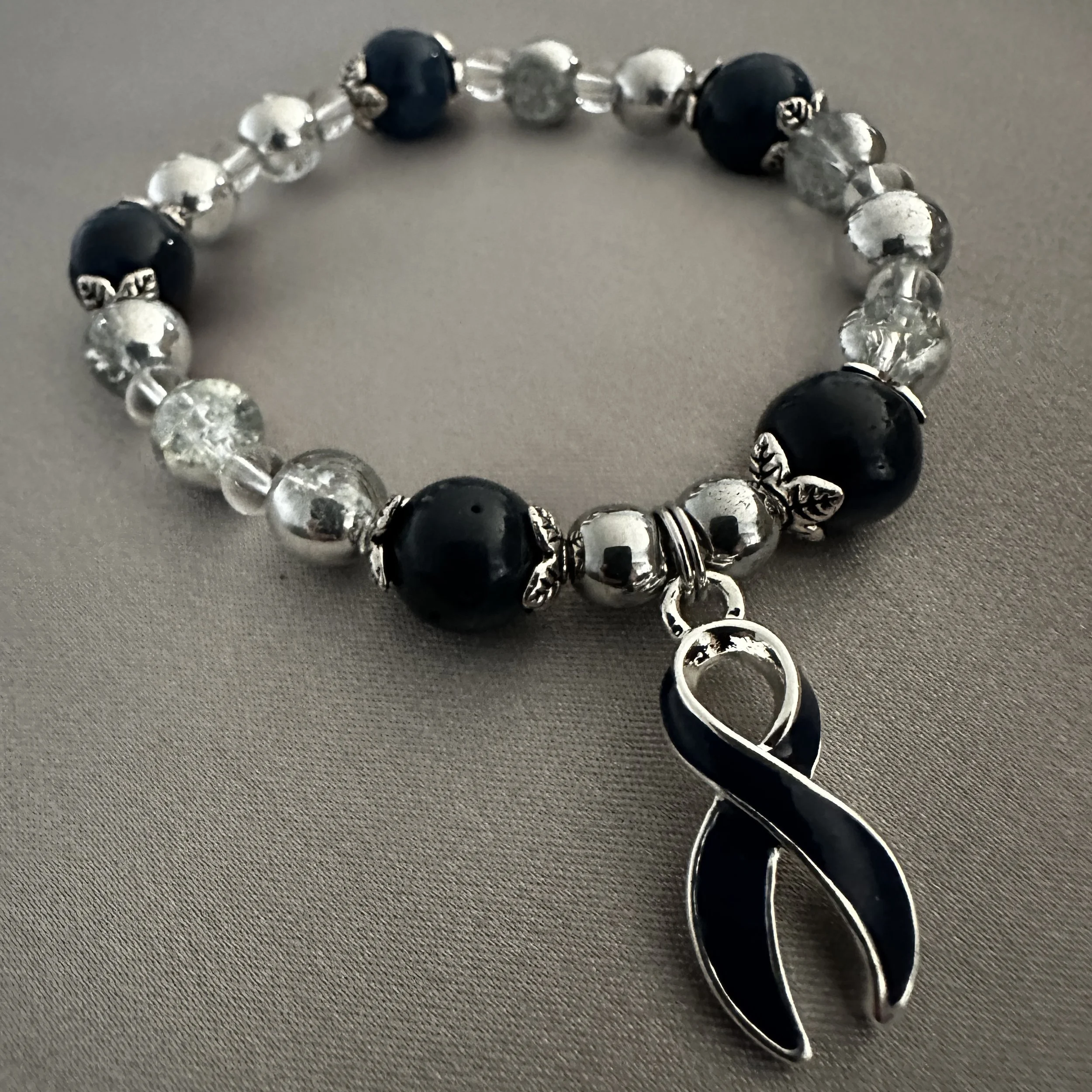 Navy Blue and Silver Beaded Bracelet W/Navy Blue Ribbon Charm