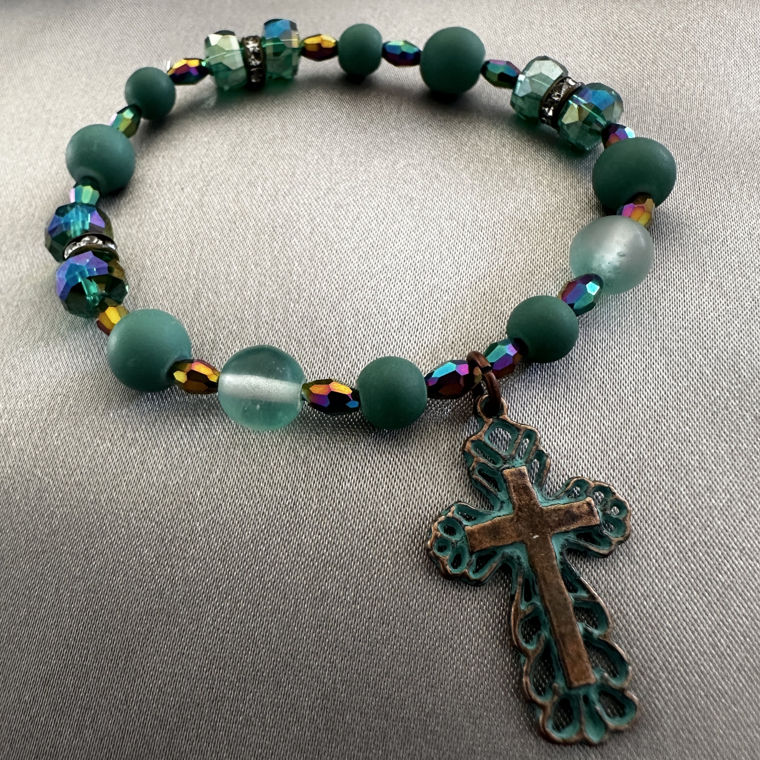 Teal Beaded Bracelet W/Teal Cross Charm