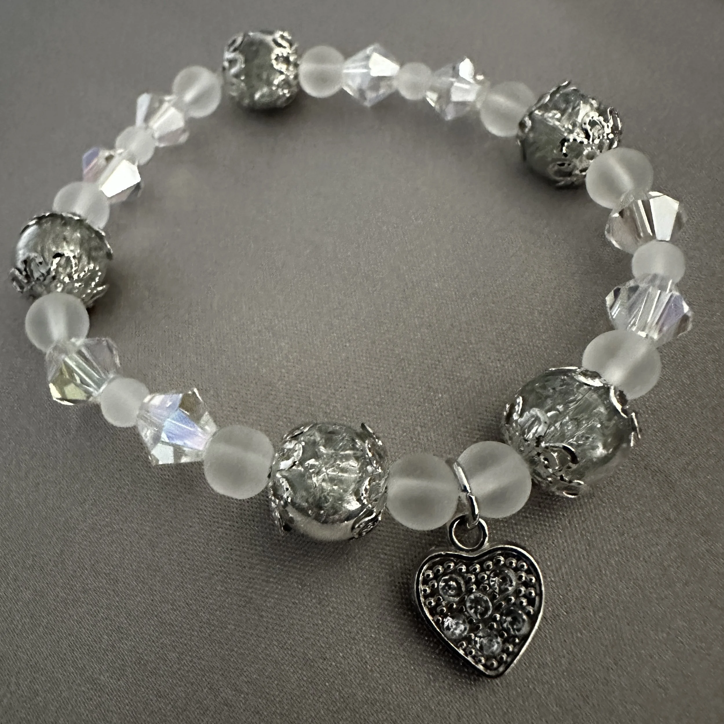 White and Silver Beaded Bracelet W/Rhinestone Heart Charm
