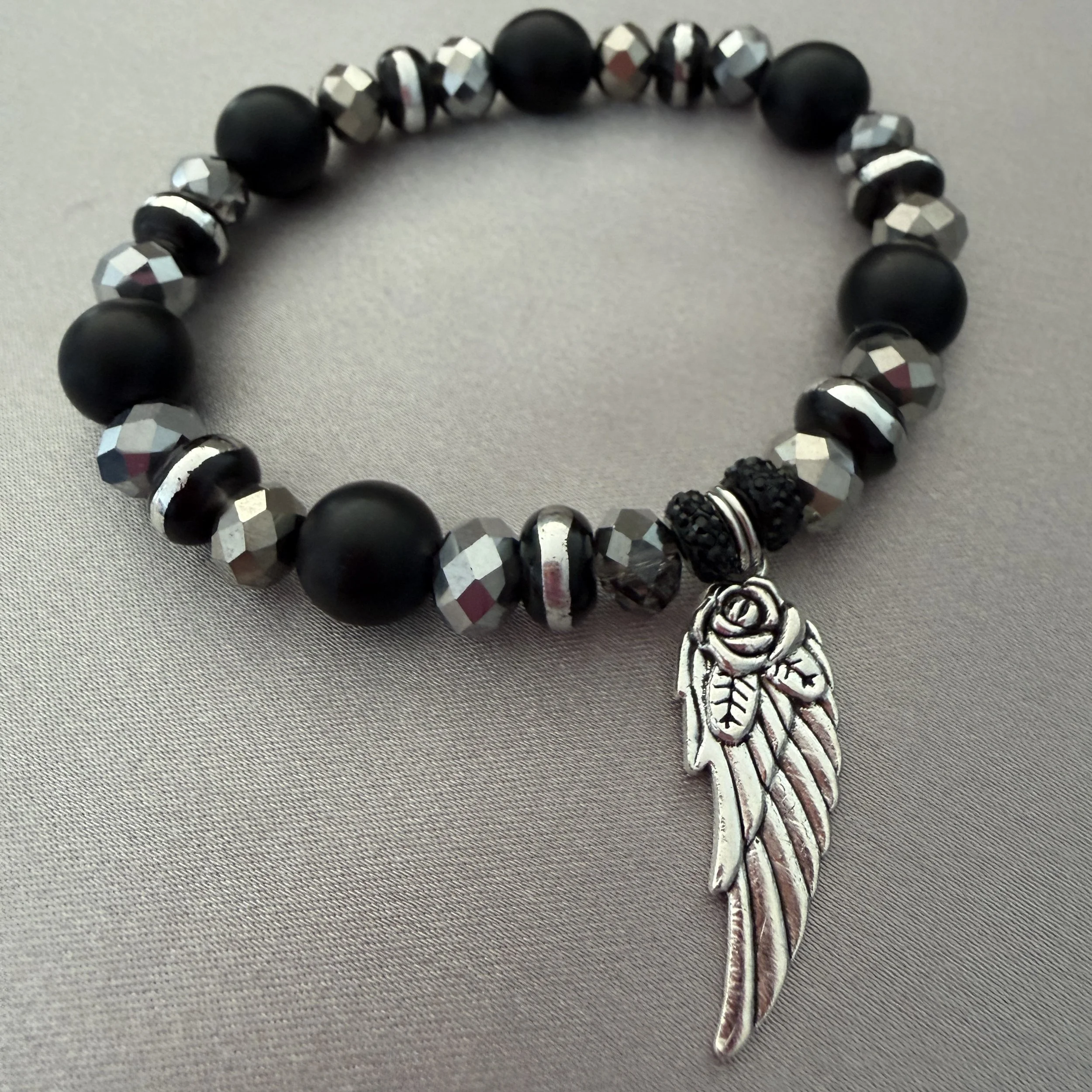Black and Silver Beaded Bracelet W/Rose Angel Wing Charm