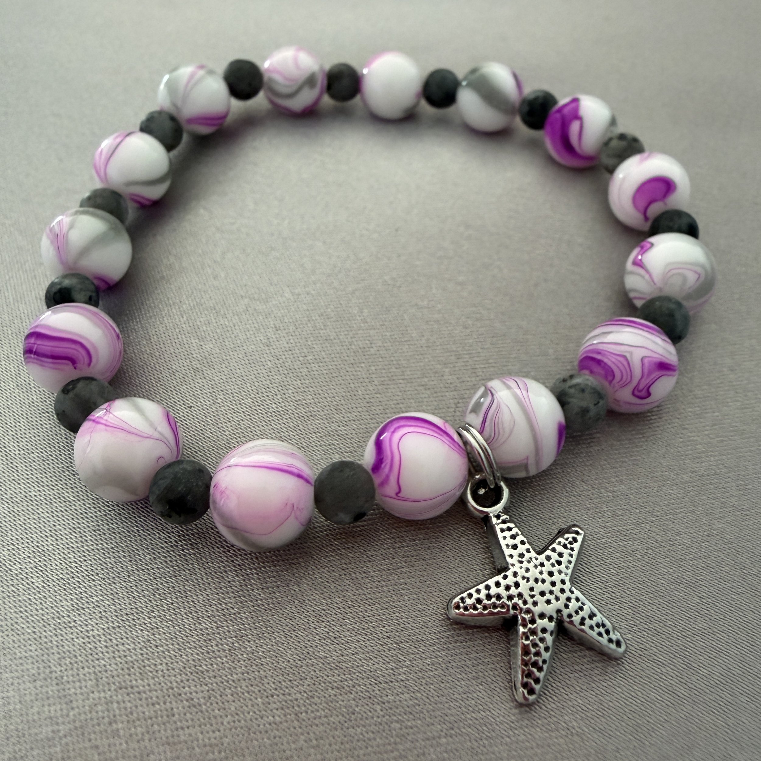 Pink, White and Gray Beaded Bracelet W/Starfish Charm