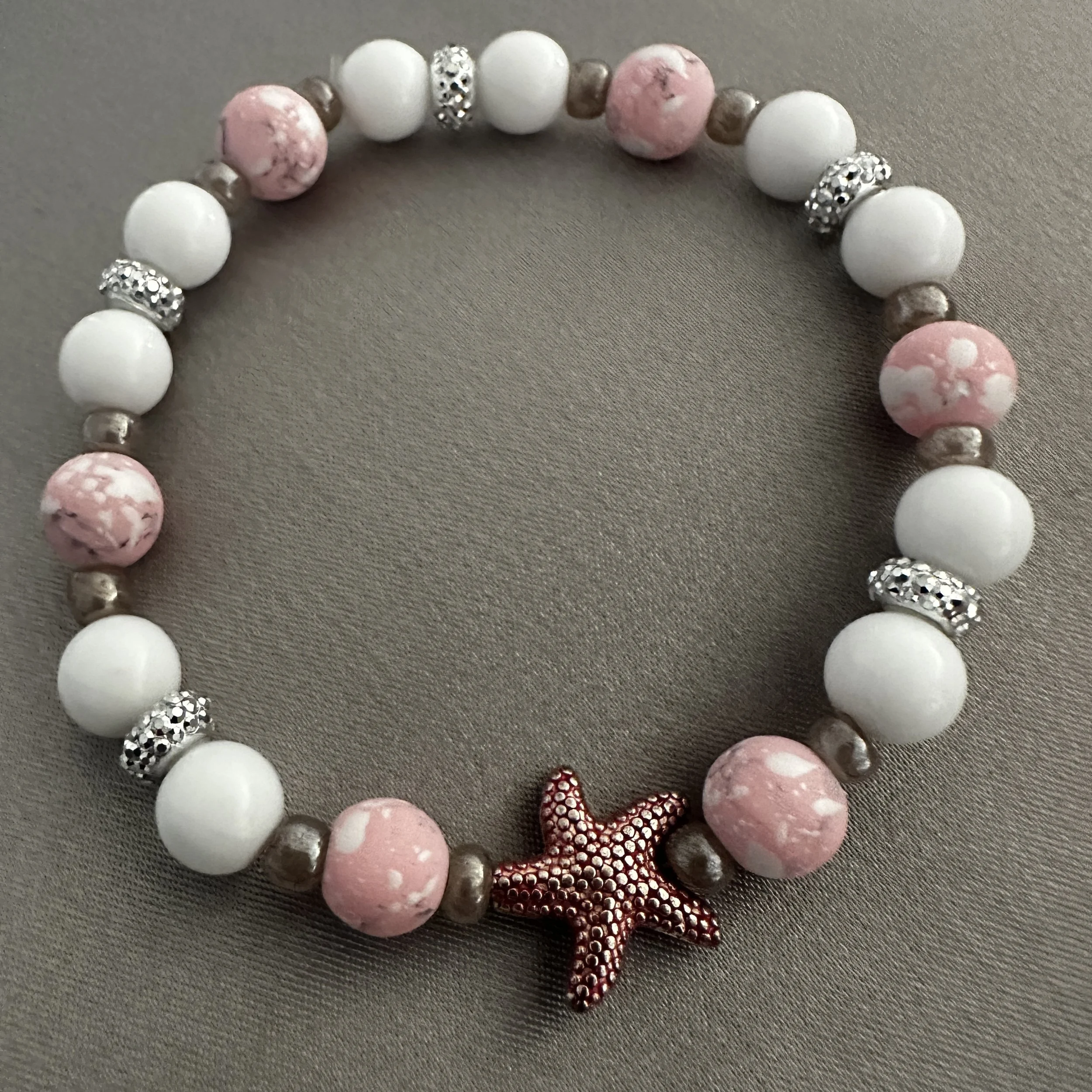Pink, White and Gray Beaded Bracelet W/Pink Starfish Accent Bead