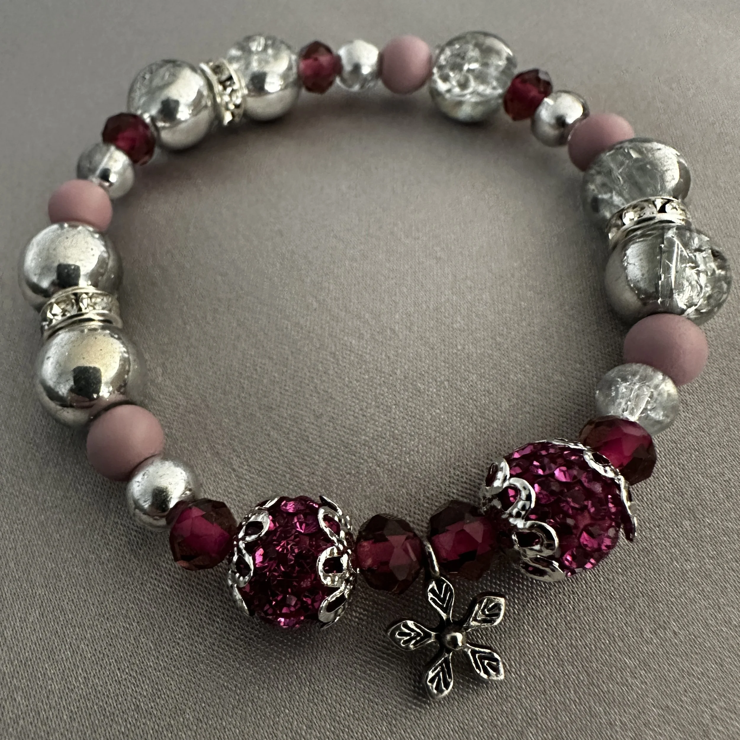 Pink and Silver Beaded Bracelet W/Flower Charm