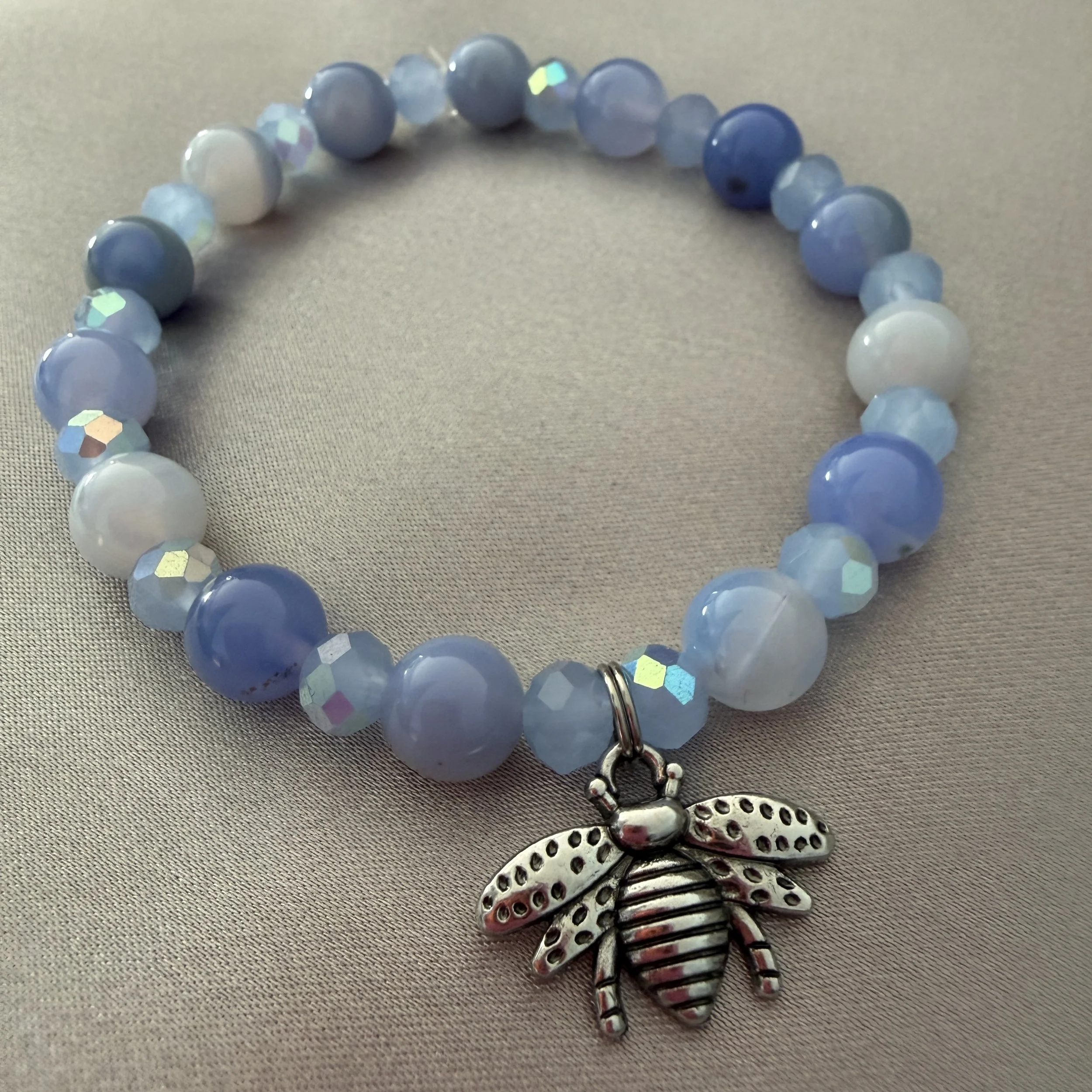 Periwinkle Blue Beaded Bracelet W/Bumble Bee Charm