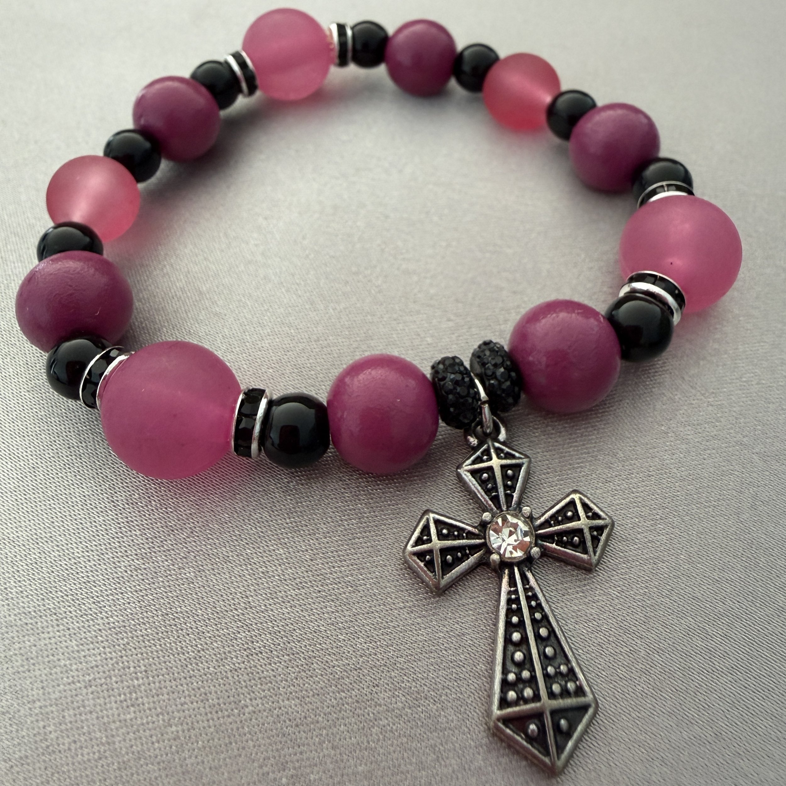 Pink and Black Beaded Bracelet W/Cross Charm