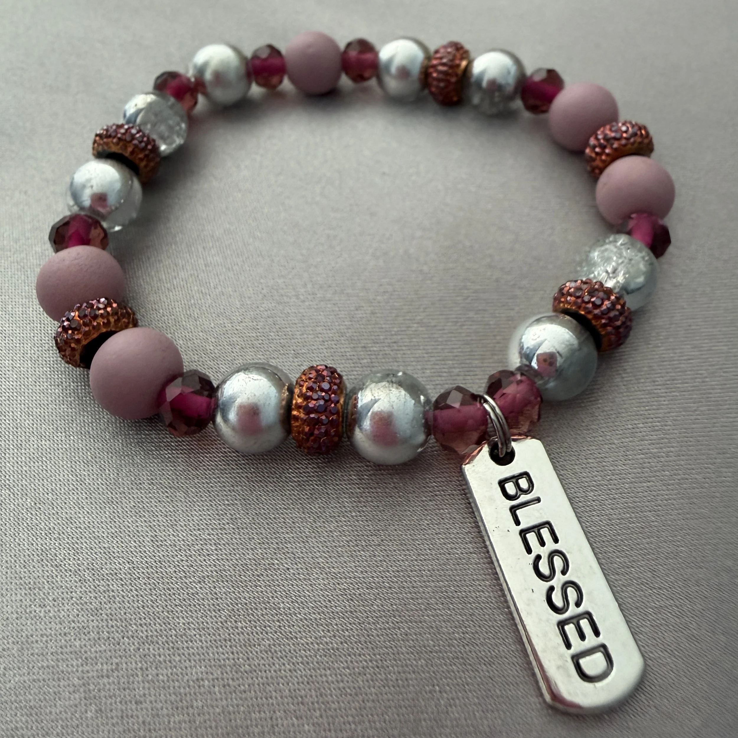 Pink and Silver Beaded Bracelet W/Blessed Charm