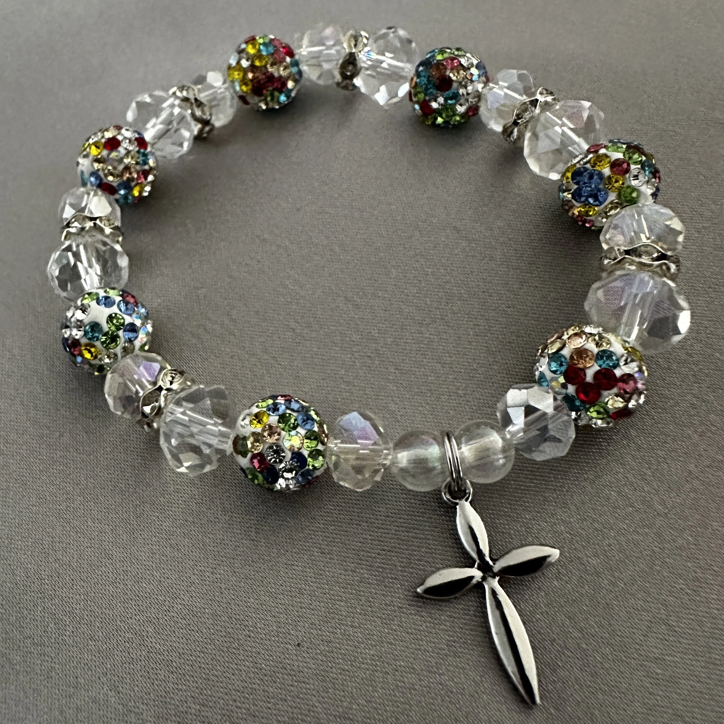 White Beaded Bracelet W/Cross Charm and Multi-Colored Rhinestone Accent Beads