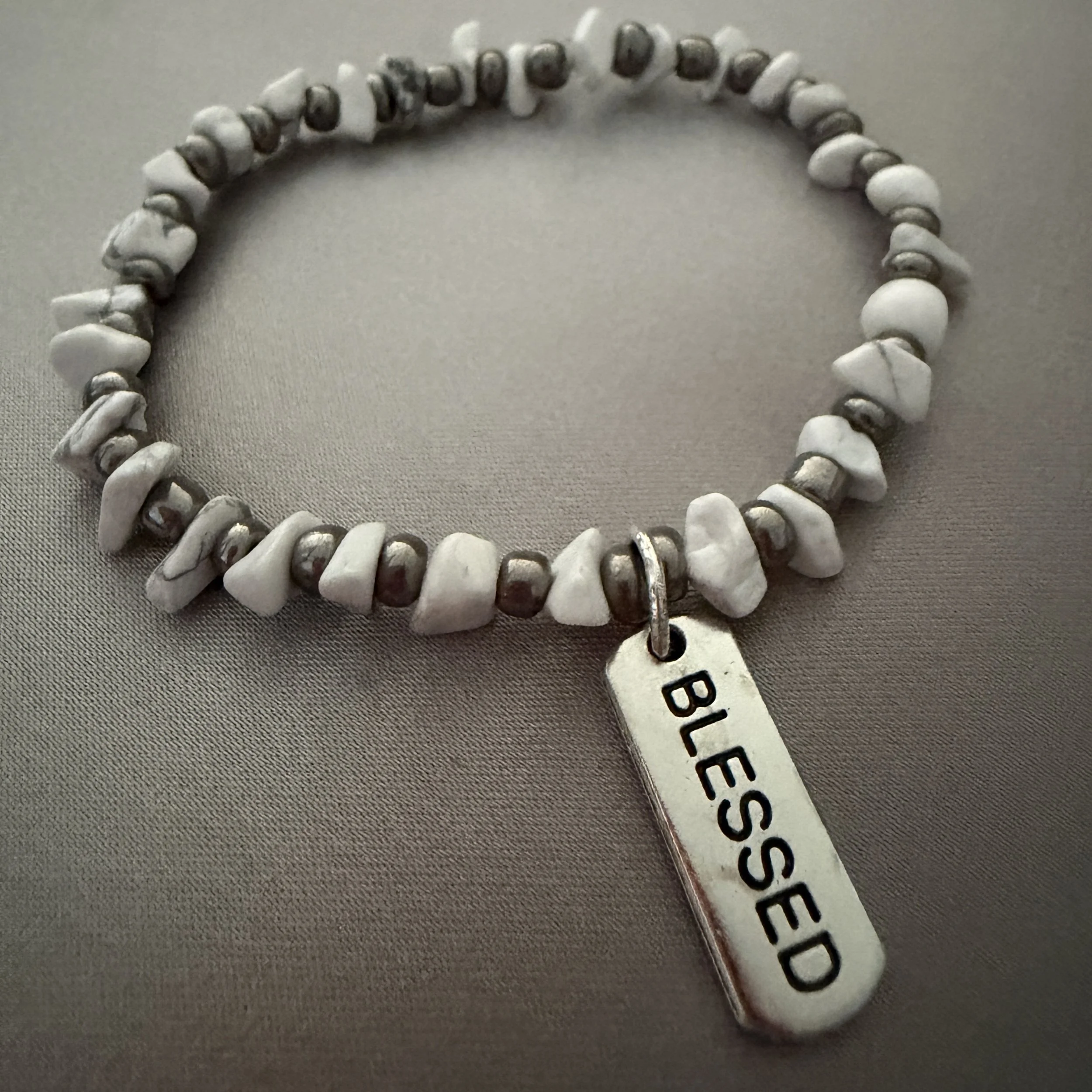 White and Gray Beaded Bracelet W/Blessed Charm