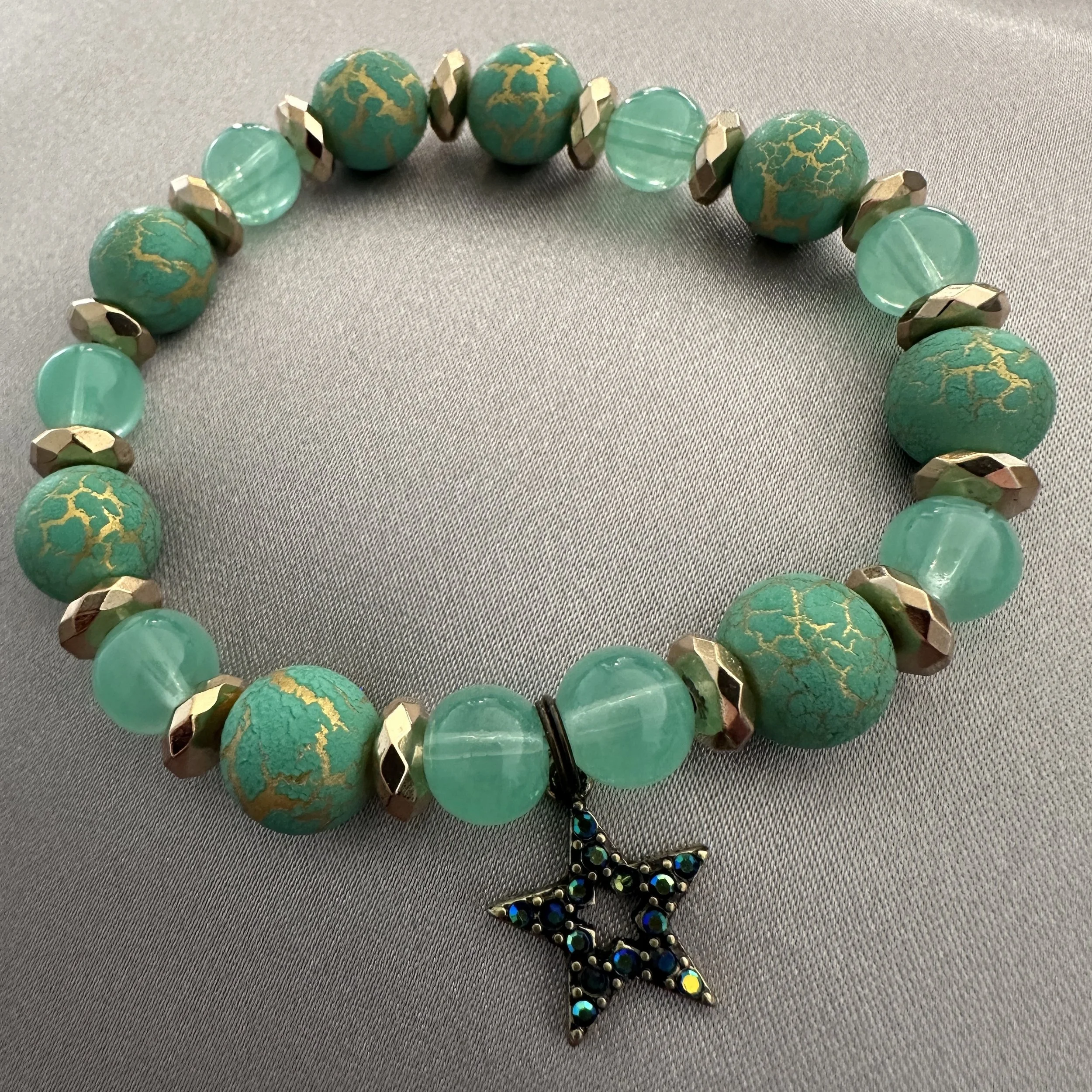Teal and Gold Beaded Bracelet W/Rhinestone Star Charm