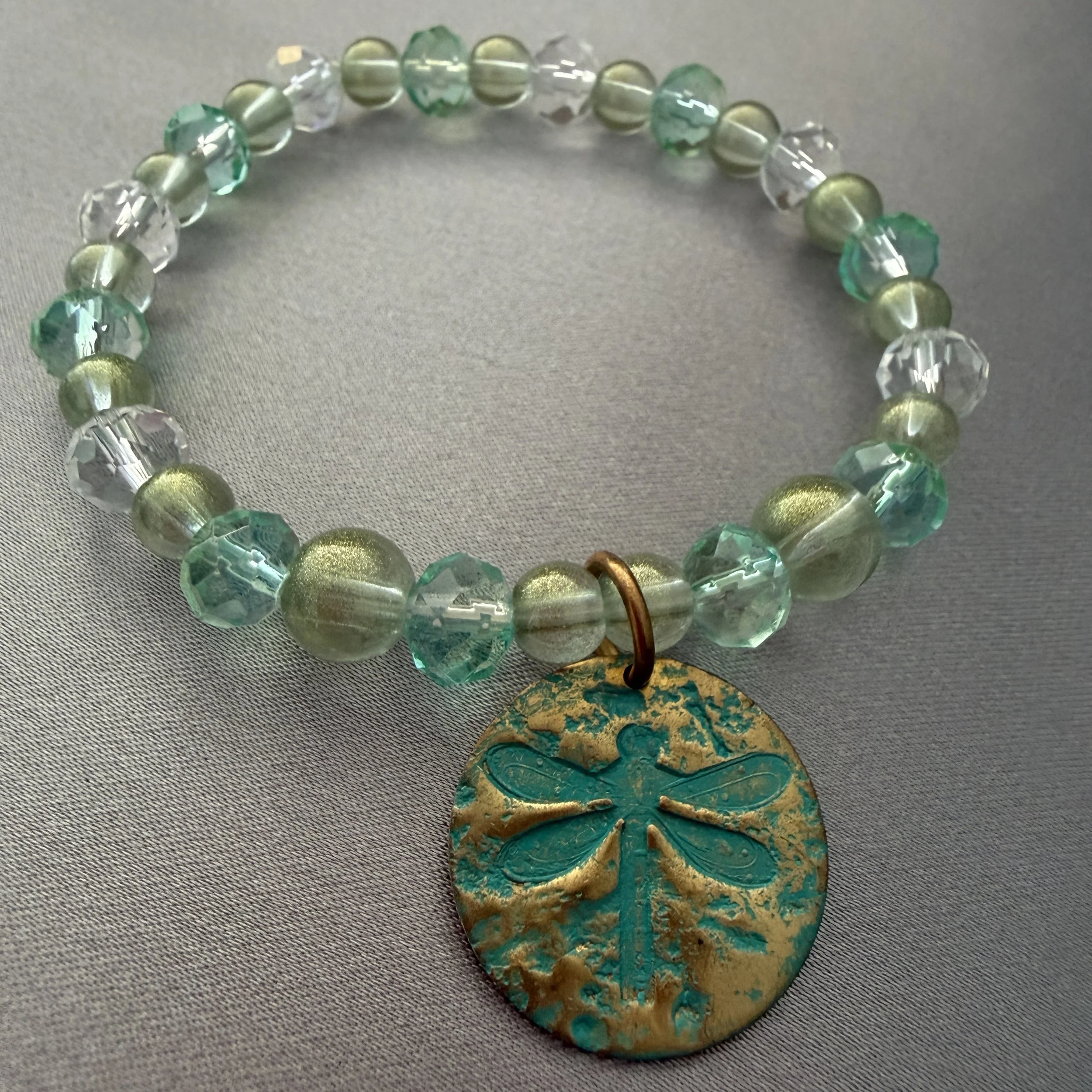 Teal and Green Beaded Bracelet W/Dragonfly Charm
