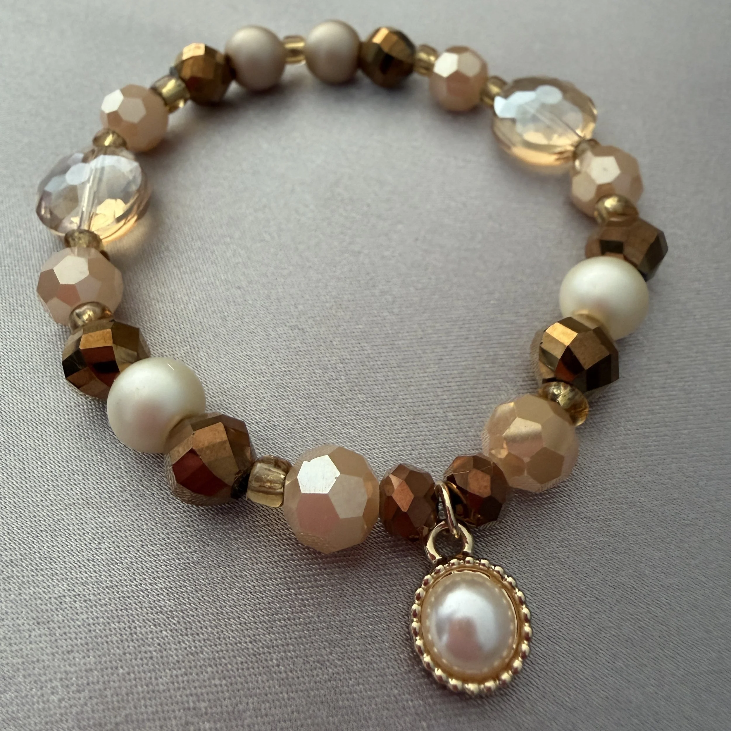 Brown Beaded Bracelet W/White Pearl Charm
