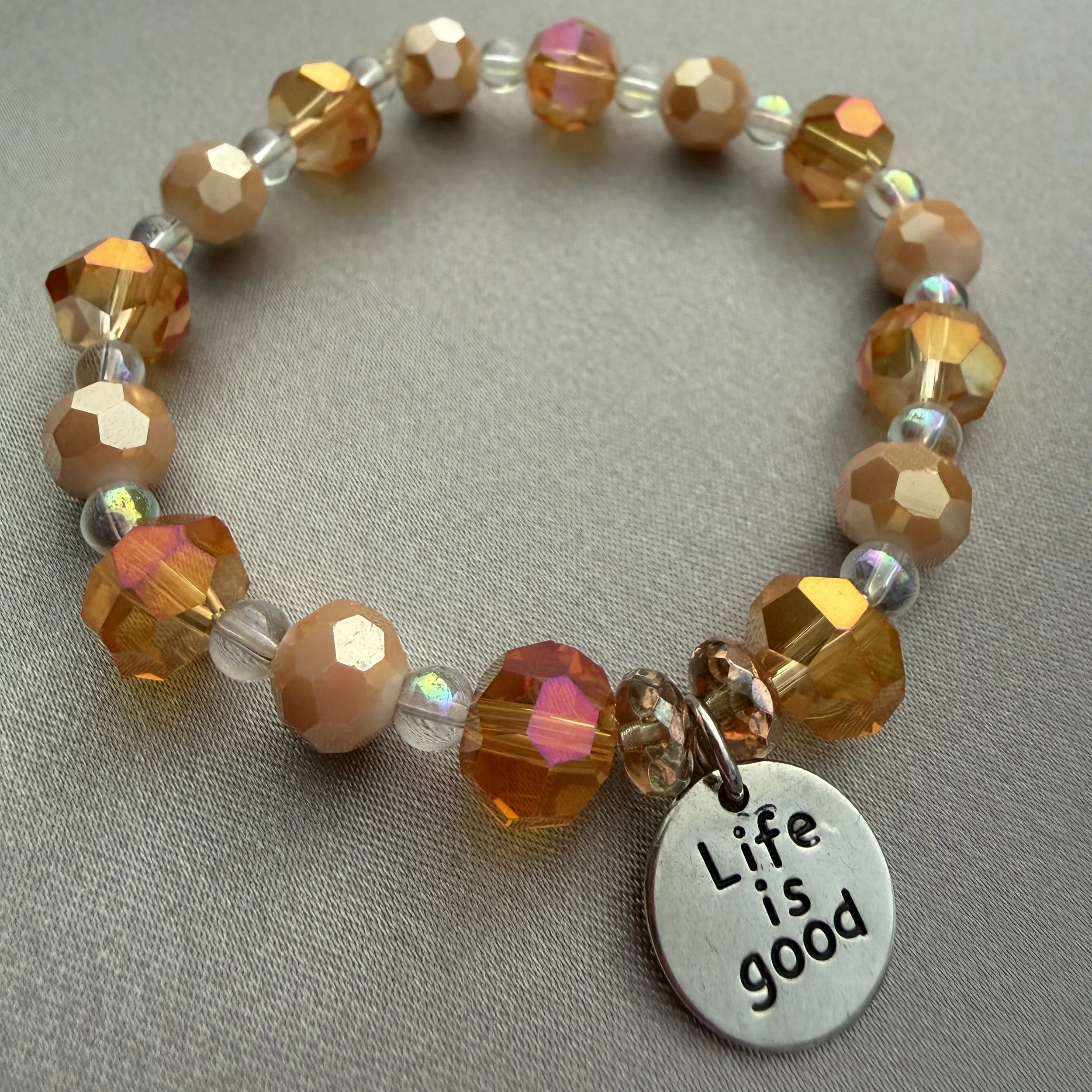 Peach Beaded Bracelet W/Life Is Good Charm