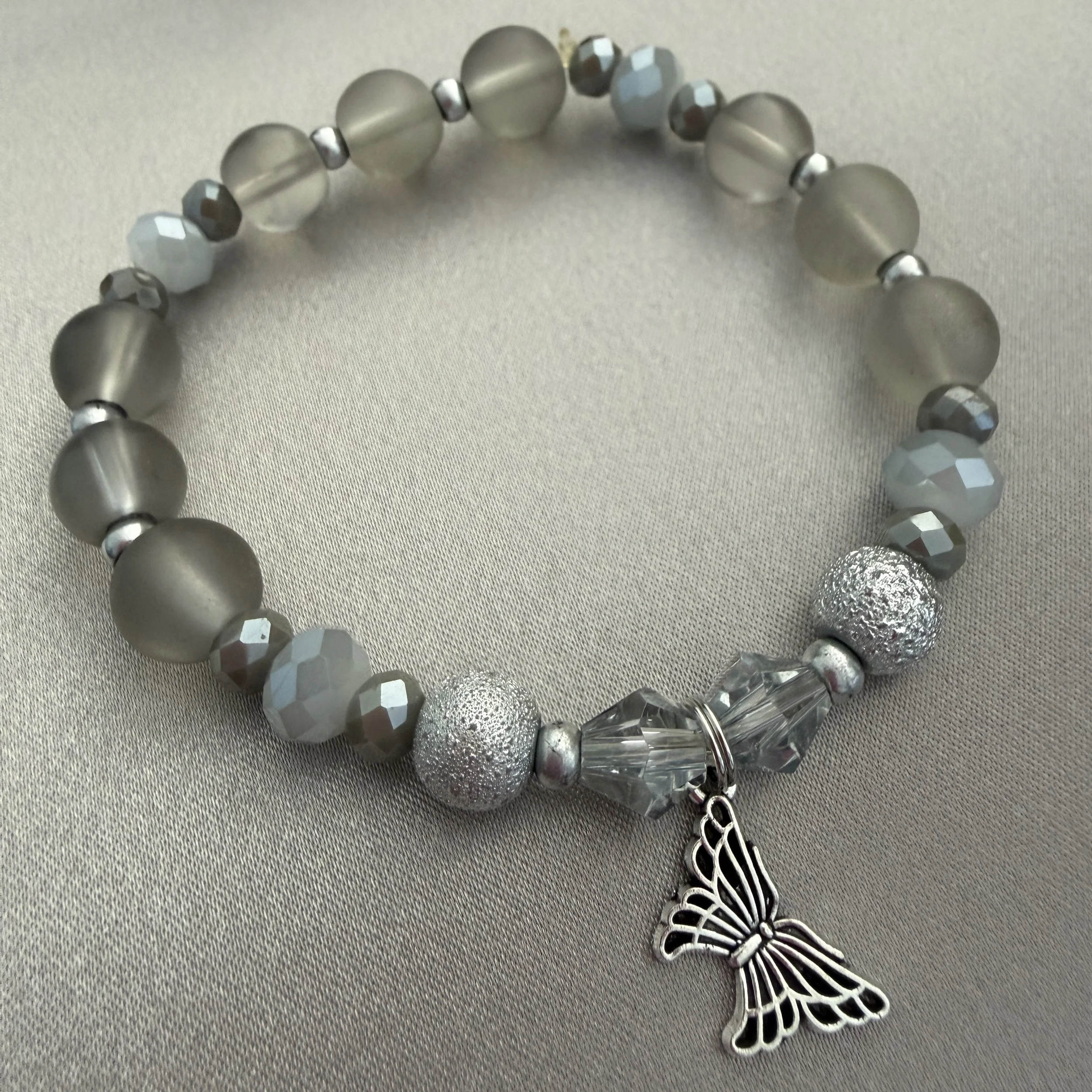 Gray Beaded Bracelet W/Butterfly Charm