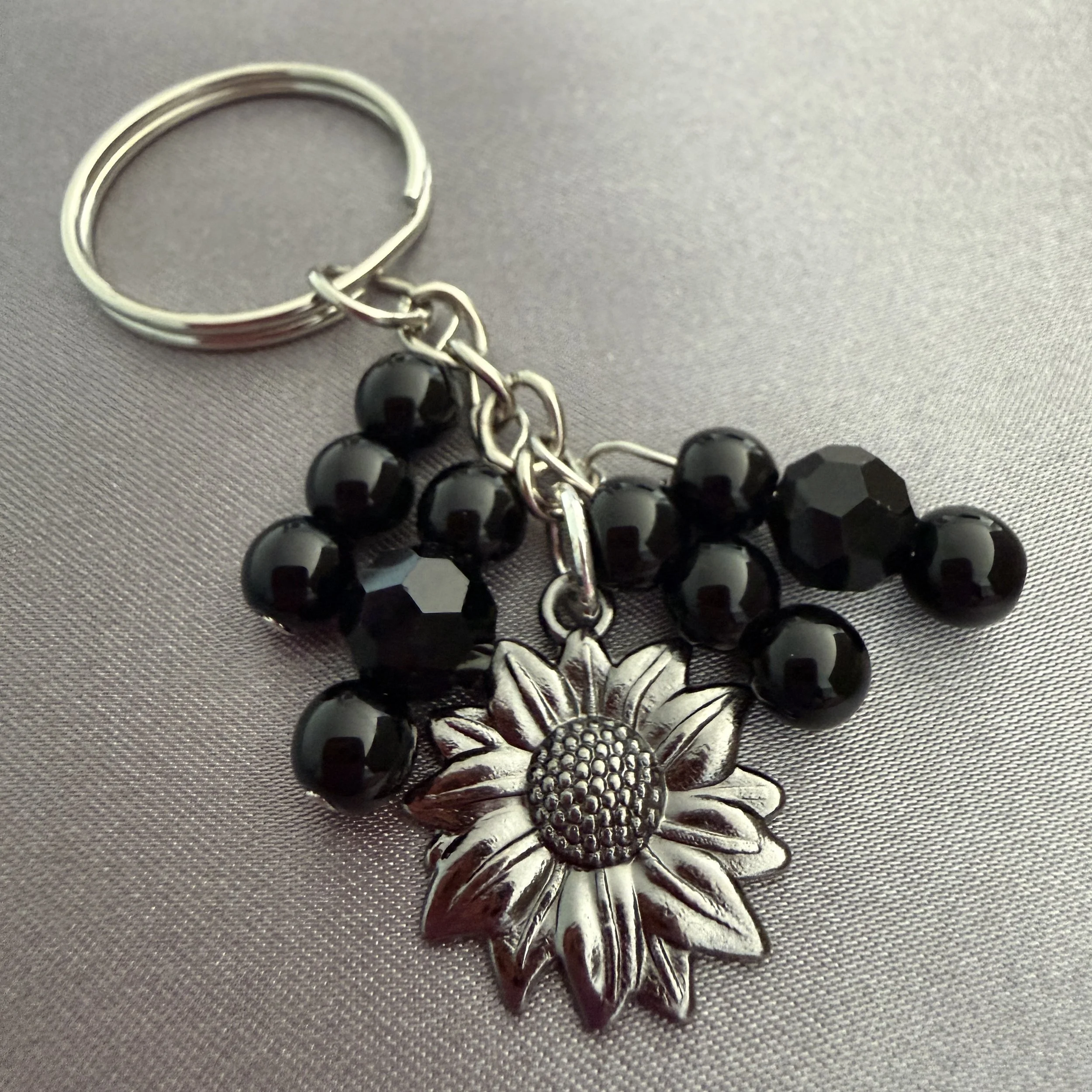 Black Beaded Silver Keychain W/Sunflower Charm