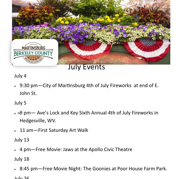 Here is a list of some of the events happening in Berkeley County, WV. Visit travelwv.com for more information. 

#JulyEvents #visitmartinsburgwv #berkeleycountywv