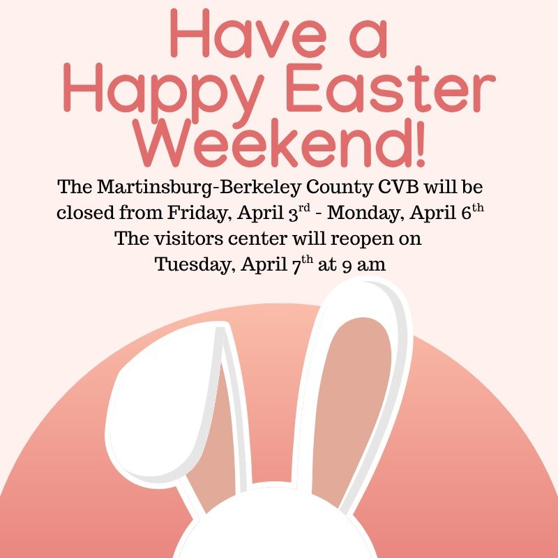 Visit travelwv.com for more information for your visit to Martinsburg-Berkeley County, WV.

#visitmartinsburgwv #berkeleycountywv #easterweekend