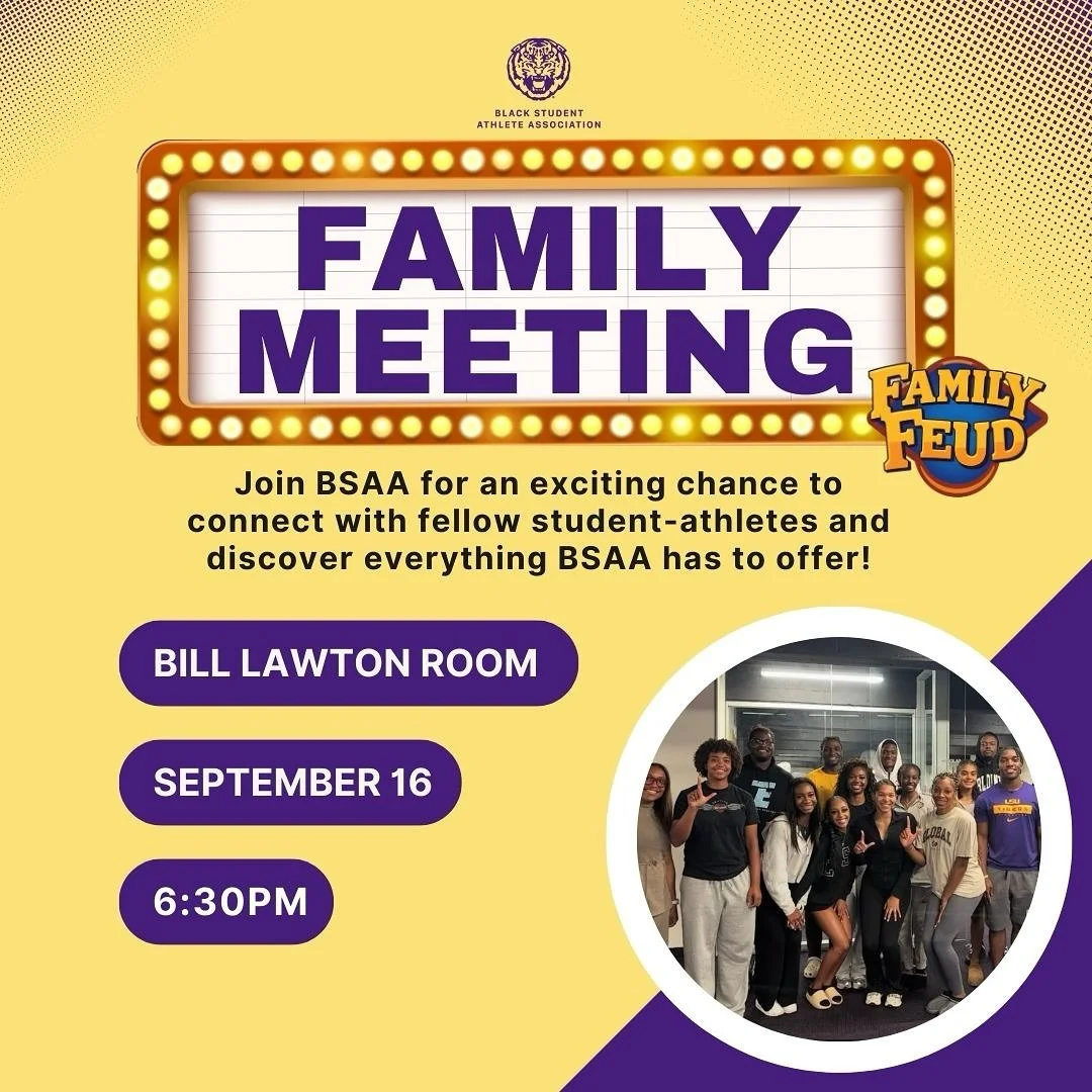 Survey says&hellip; BSAA Family Meeting is where you need to be! 🙌🏾💜💛 Kick off the semester with Family Feud, fun, and a chance to connect with other athletes. Don&rsquo;t miss it!